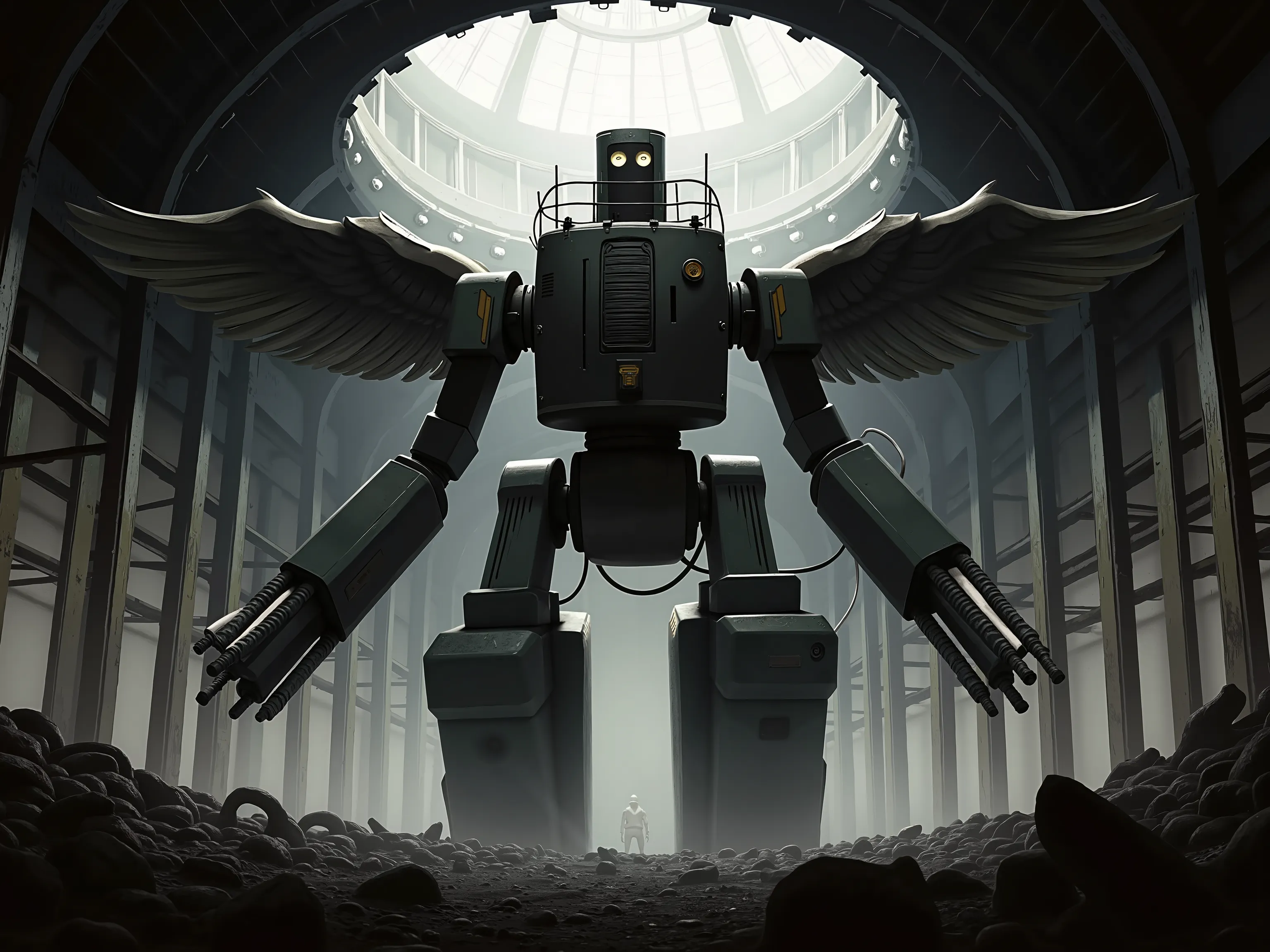 4pp4l4chi4 Folk Horror, NieR, P-33, in a large circular chamber in an old factory, A large robot, humanoid robot with wings, Cylindrical head with a guardrail around the top and two circular eyes, head is on top of a boxy torso with a vent on it, two long ...