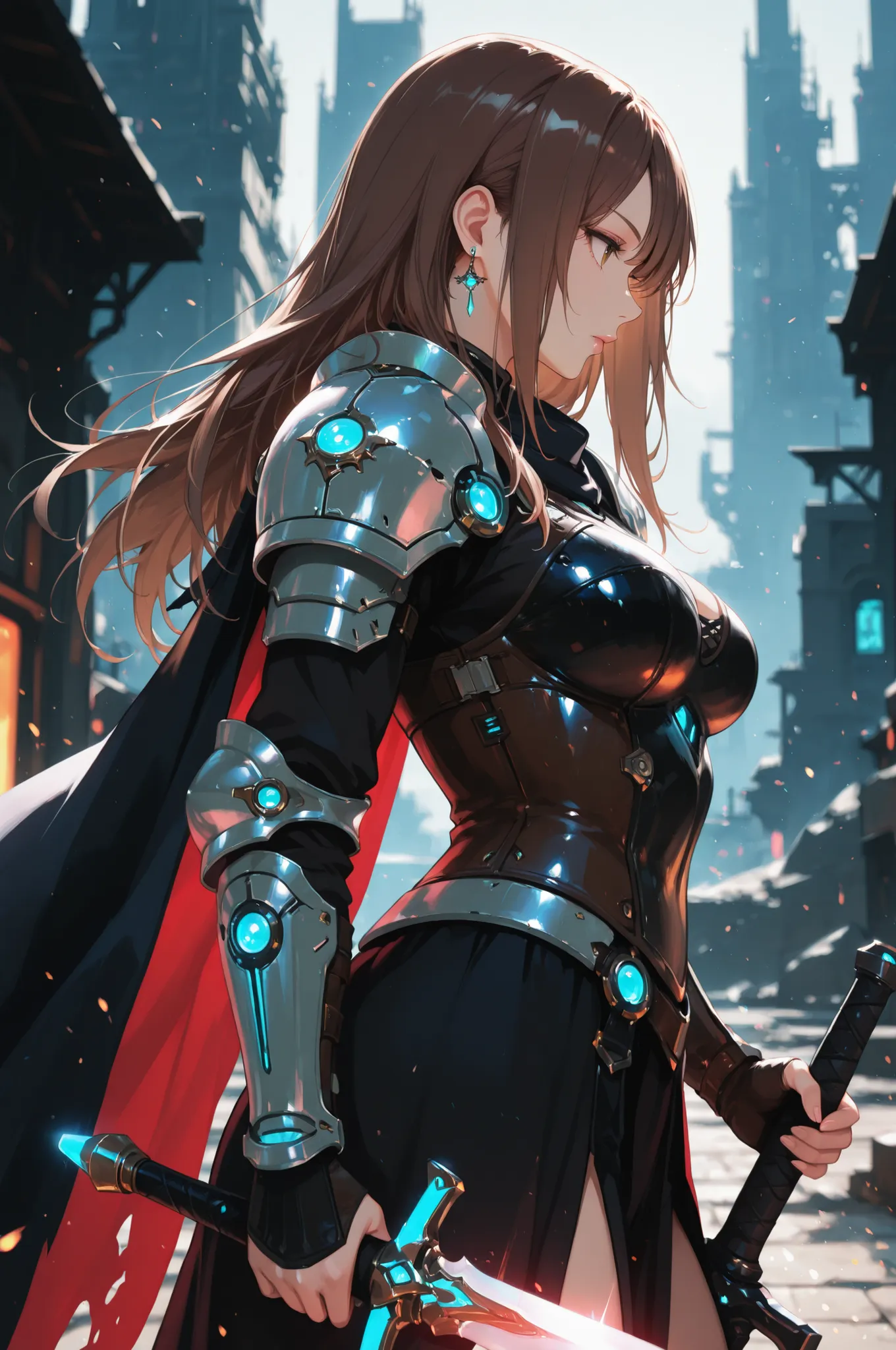 masterwork, masterpiece, best quality, dynamic lighting
1girl, weapon, sword, solo, armor, holding, holding weapon, holding sword, earrings, cape, jewelry, blurry background, shoulder armor, brown hair, blurry, breasts, medium breasts, long hair, , lips, ...