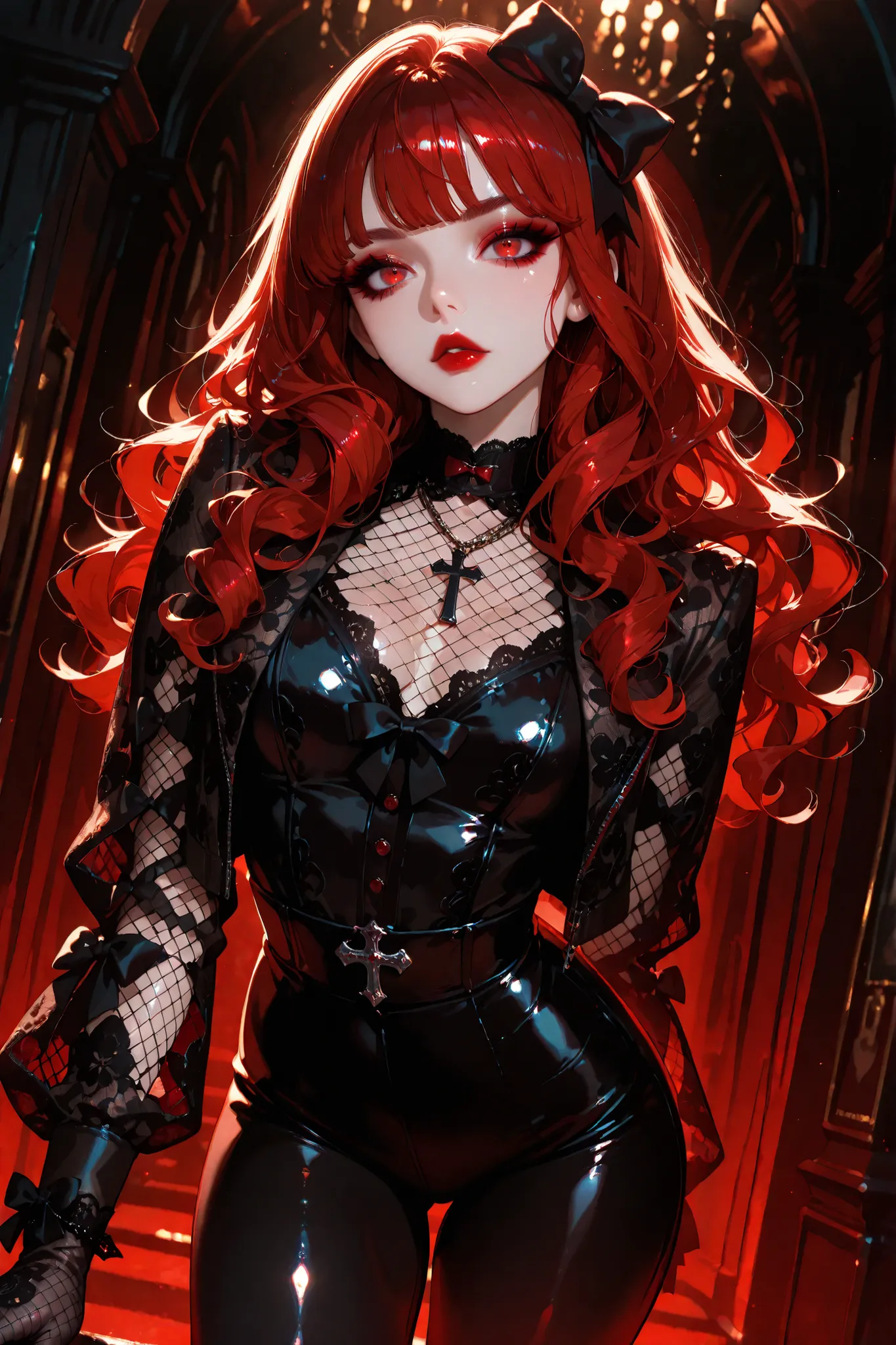 masterpiece, best quality, 1girl, solo, long hair, curls, red hair, bangs, red eyes, makeup, red lips, lipstick, vampire, mascara, eyeshadow, cross necklace, hair bow, front bow, lace jacket, lace gloves, fishnets, black leggings, gothic attire, dynamic a...