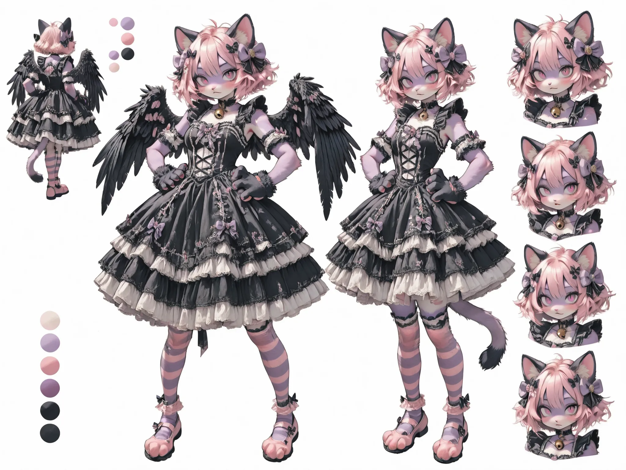 detailedanimegirl, Super cute cat girl  with pink inner ears and purple bow decoration,dark-angel-attire,black angel wings,,furry Suits large expressive anime-style eyes on the costume head, fluffy pink and purple fur gloves with pink paw pads,(elaborate  ...