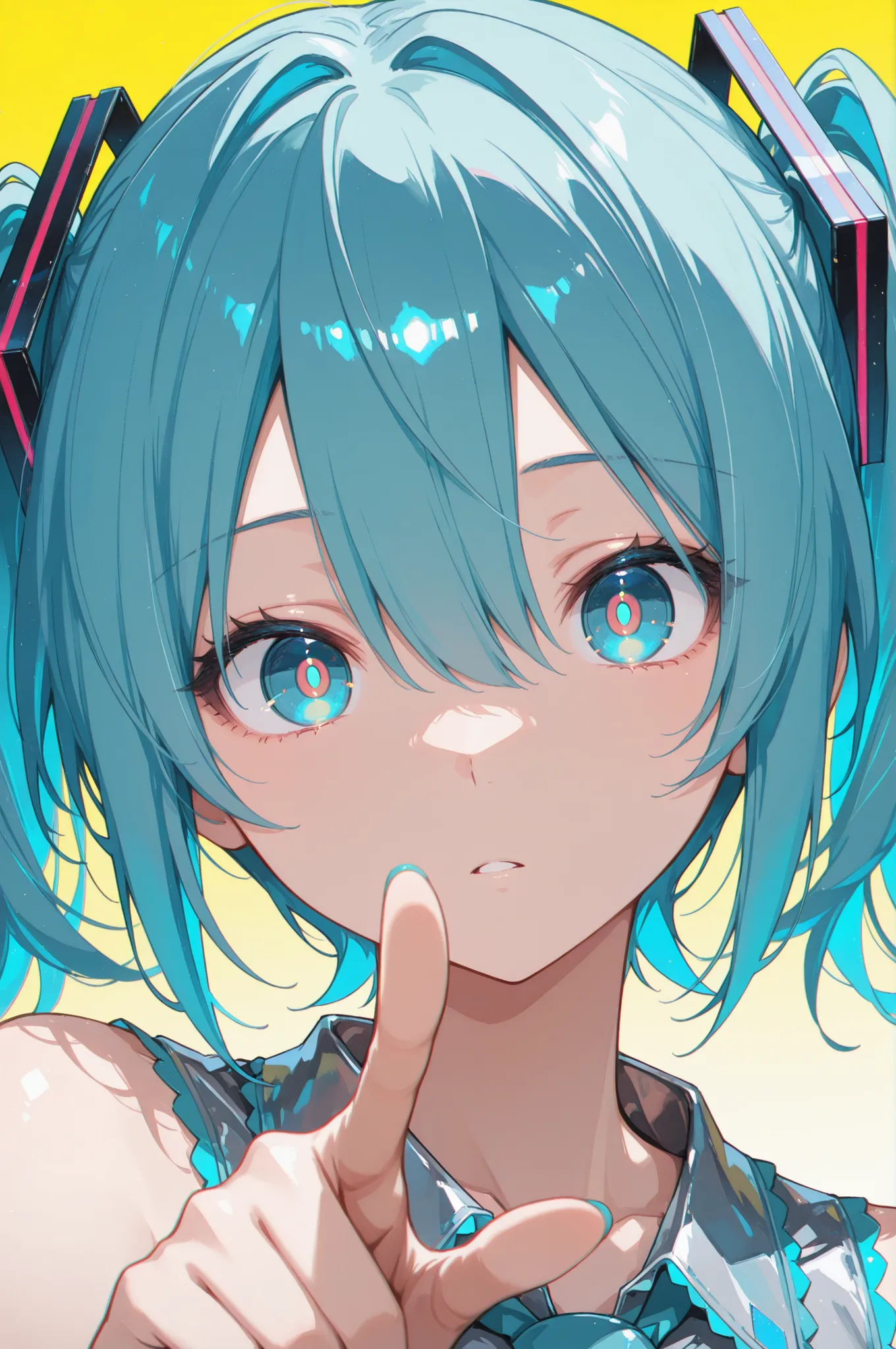 1girl, hatsune miku, blue eyes, blue hair, chromatic aberration, hair between eyes, ((pointing viewer)), looking at viewer, portrait, short hair, gradient background, solo, yellow background, yellow pupils, masterpiece, best quality, newest,