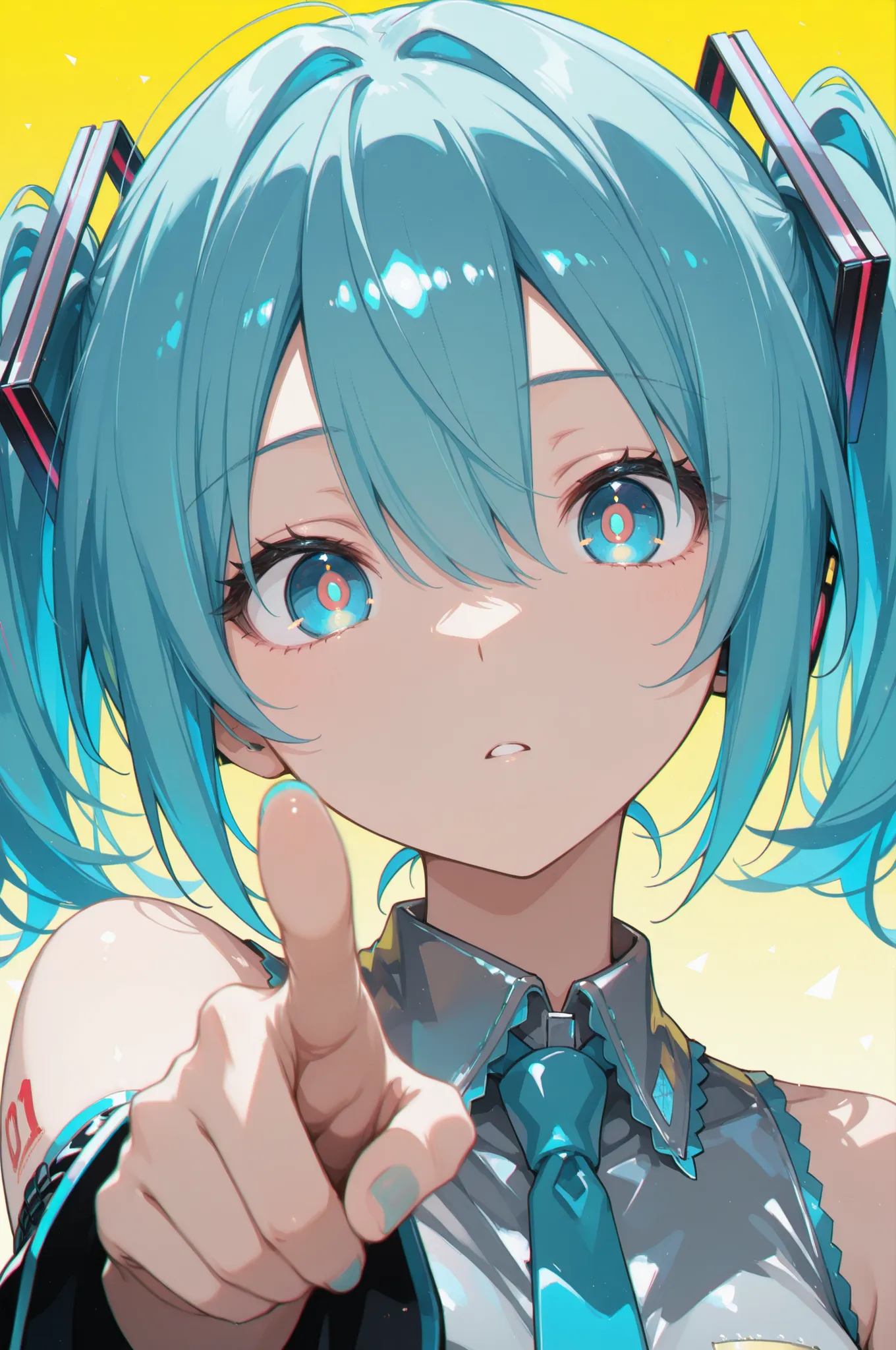 1girl, hatsune miku, blue eyes, blue hair, chromatic aberration, hair between eyes, ((pointing viewer)), looking at viewer, portrait, short hair, gradient background, solo, yellow background, yellow pupils, masterpiece, best quality, newest,