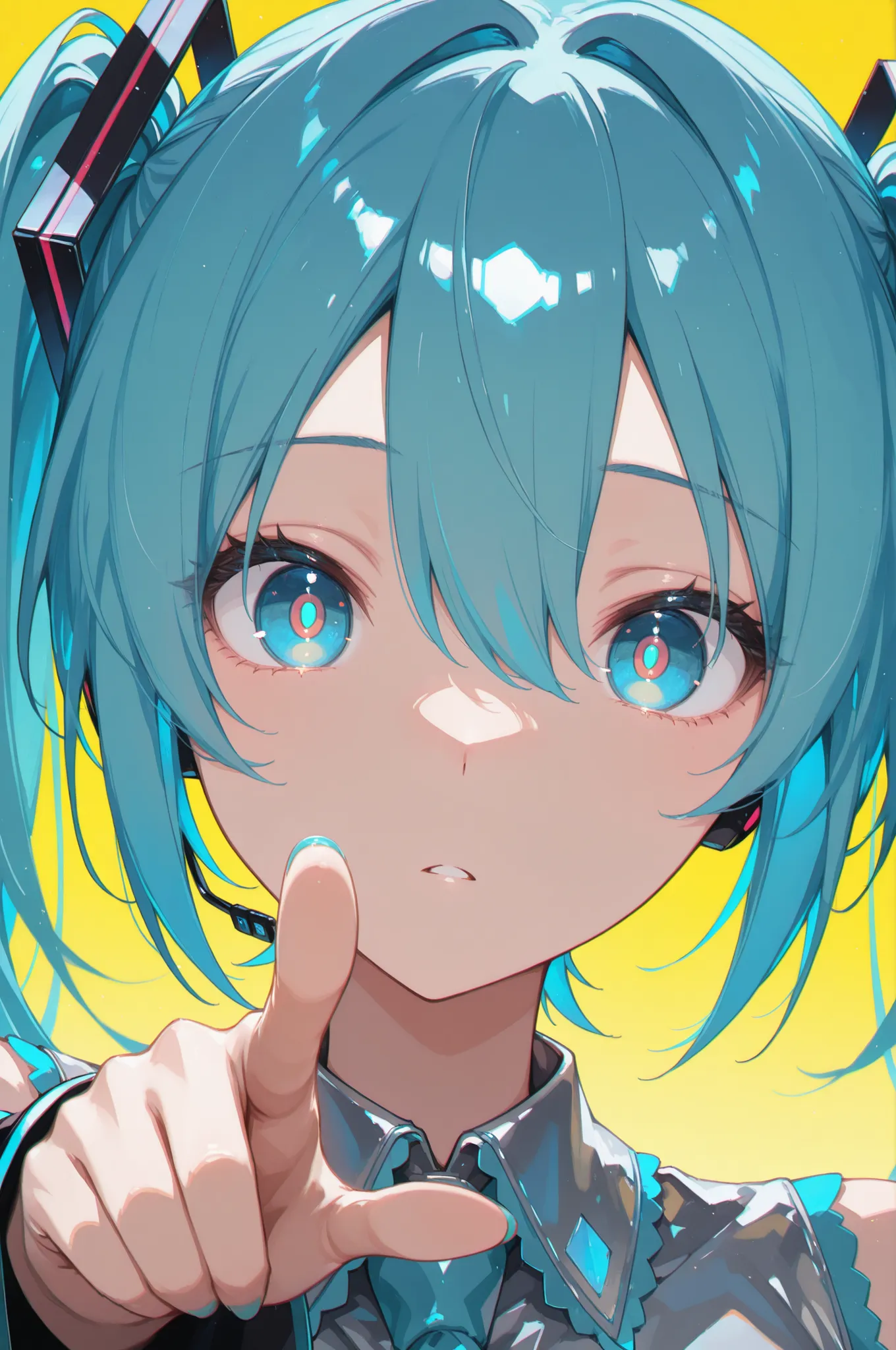 1girl, hatsune miku, blue eyes, blue hair, chromatic aberration, hair between eyes, ((pointing viewer)), looking at viewer, portrait, short hair, gradient background, solo, yellow background, yellow pupils, masterpiece, best quality, newest,