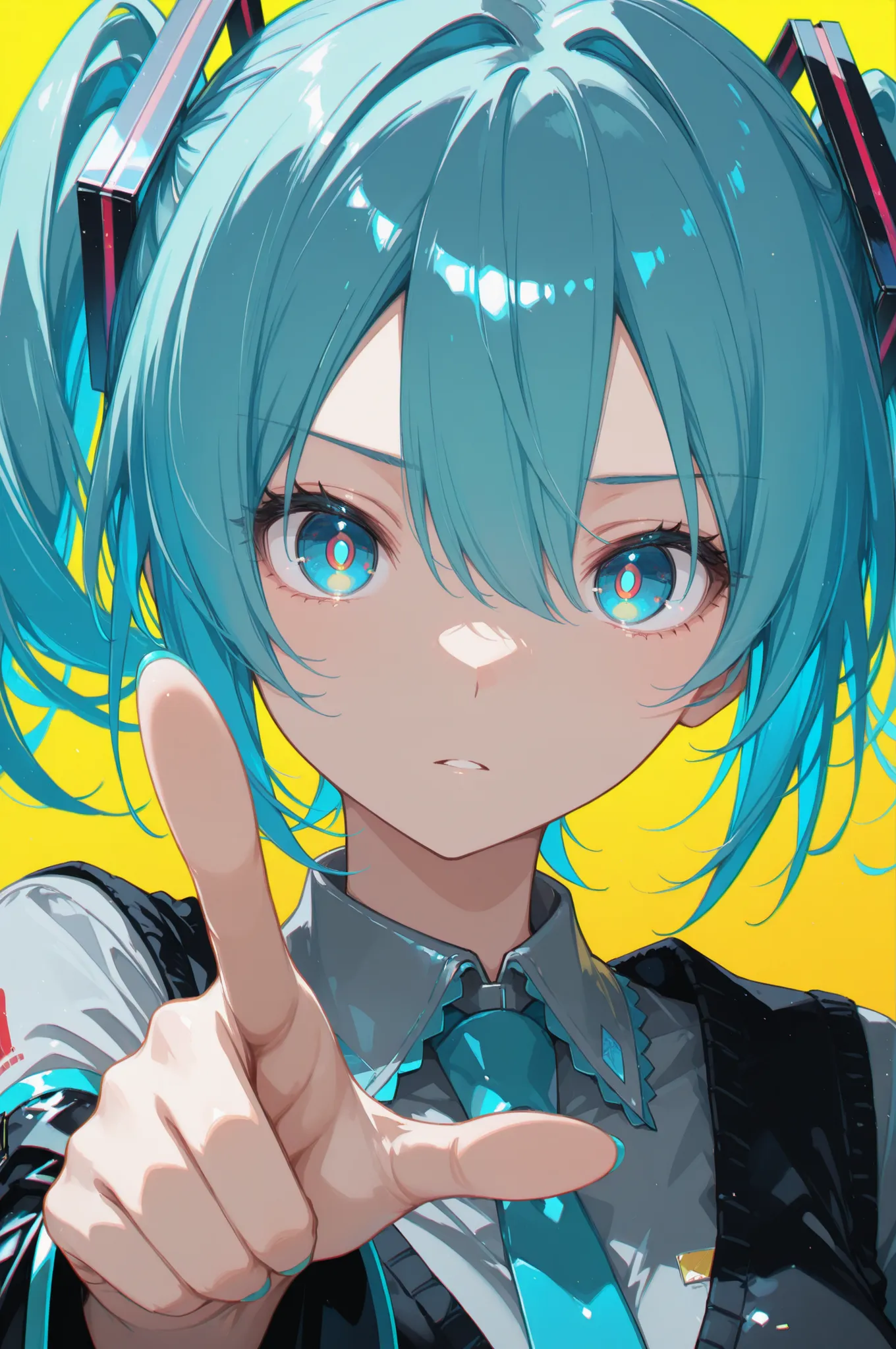 1girl, hatsune miku, blue eyes, blue hair, chromatic aberration, hair between eyes, ((pointing viewer)), looking at viewer, portrait, short hair, gradient background, solo, yellow background, yellow pupils, masterpiece, best quality, newest,