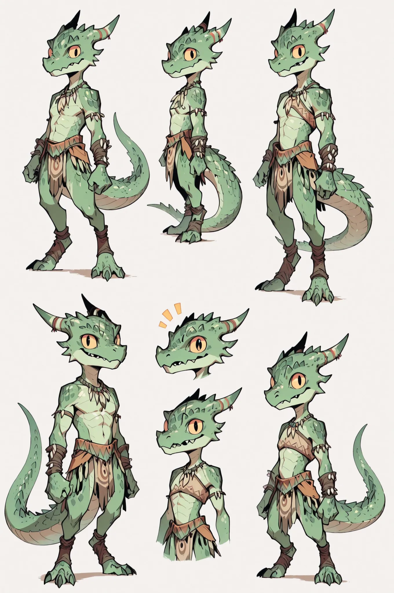 Three( male, green skin, green scales, (((Kobold)), (detailed kobold)) wearing a adventure equipament , a tribal clothes , character design, 
