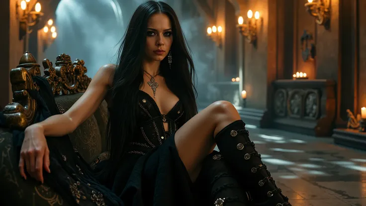 A captivating and enigmatic sorceress with flowing black hair sits gracefully within a dimly lit fantasy corridor, where shadows dance among ethereal elements. Her stunning black gown, adorned with intricate, otherworldly patterns, features a high collar a...