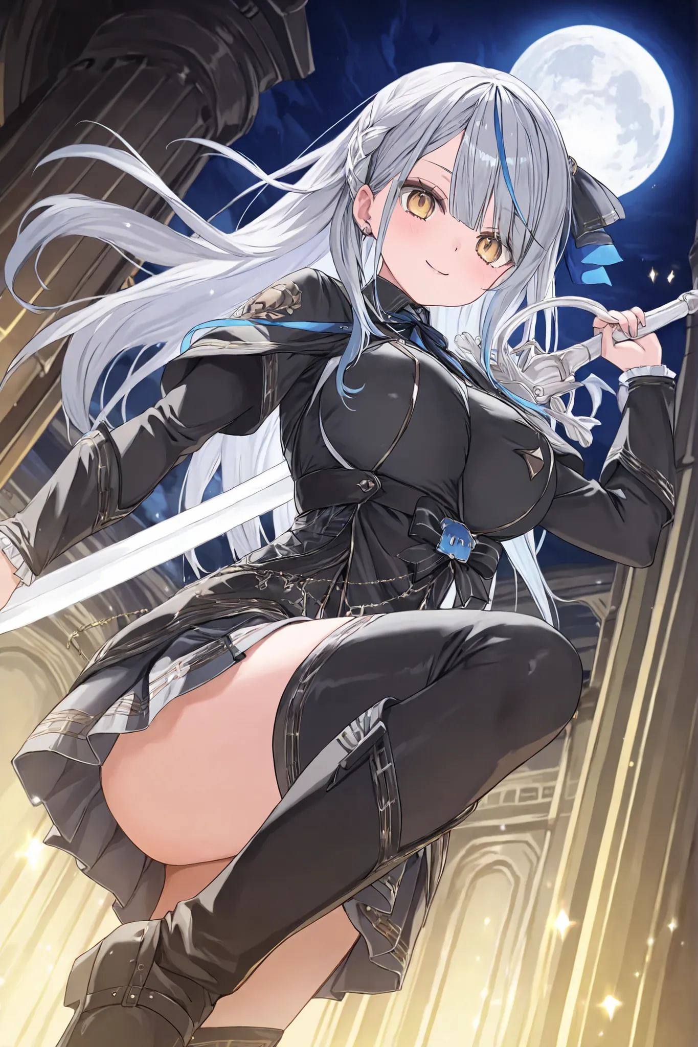 ( top quality , 8k , masterpiece, ),   younger , (1 Girl) ,  Extremely Elaborate Eyes and Faces   , silver hair、lime green inner color  、Golden Eyes、(soft smile：2)   (Black gothic dress style combat suit、body harness to hold the reins、Pocket watch necklace...