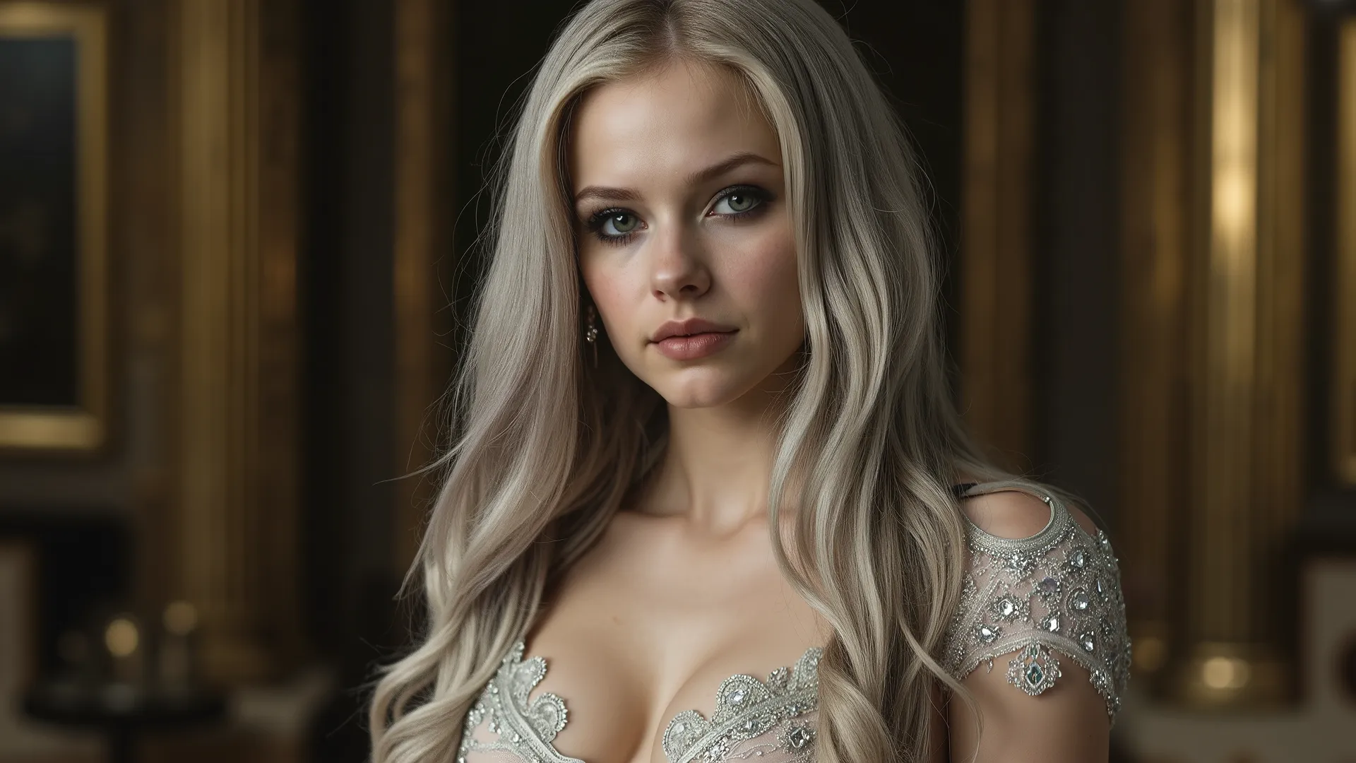 In a lavish Victorian setting, an enchanting young teen female, her silvery hair cascading in elegant waves reminiscent of the opulent drapery of a grand ballroom. Her ample bosom are pushed together with a tight brassiere prominently displaying her cleav...