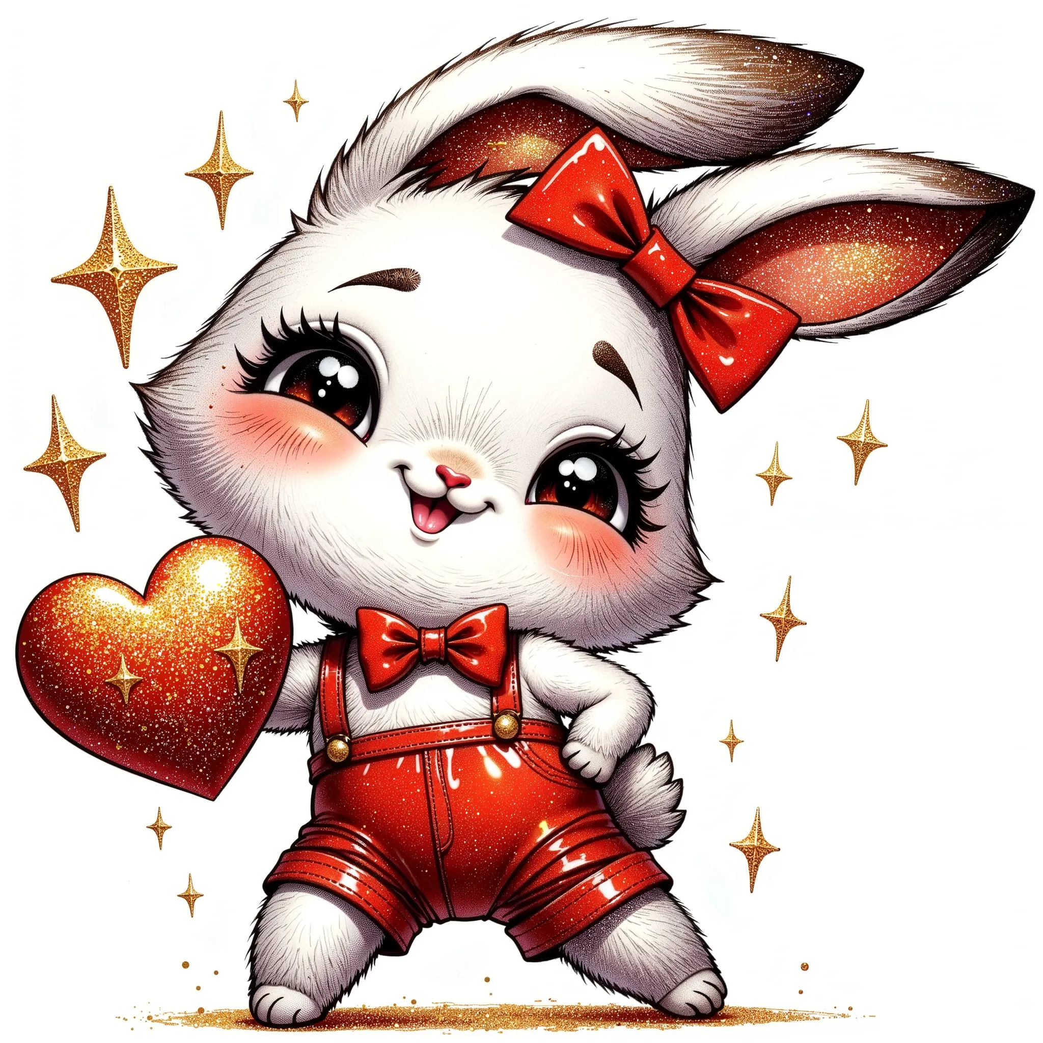 (extremally detailed hi-rez: 1.5) a quirky very expressive emotions by Gabriel Pacheco and disney,glossing vibrant vivid, white-red-metallicgoldlines-inkblacklines, watercolor with clear contours, single very cute flirtous little 5years whiteRABBIT keeping...