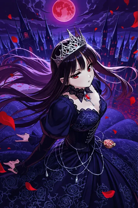 high quality, masterpiece, best quality, elegant vampire queen, flowing wild flower pattern dress, ethereal floating pose, moonlit night sky, massive blood moon illumination, dark purple storm clouds swirling below, gothic architecture spires in distance, ...