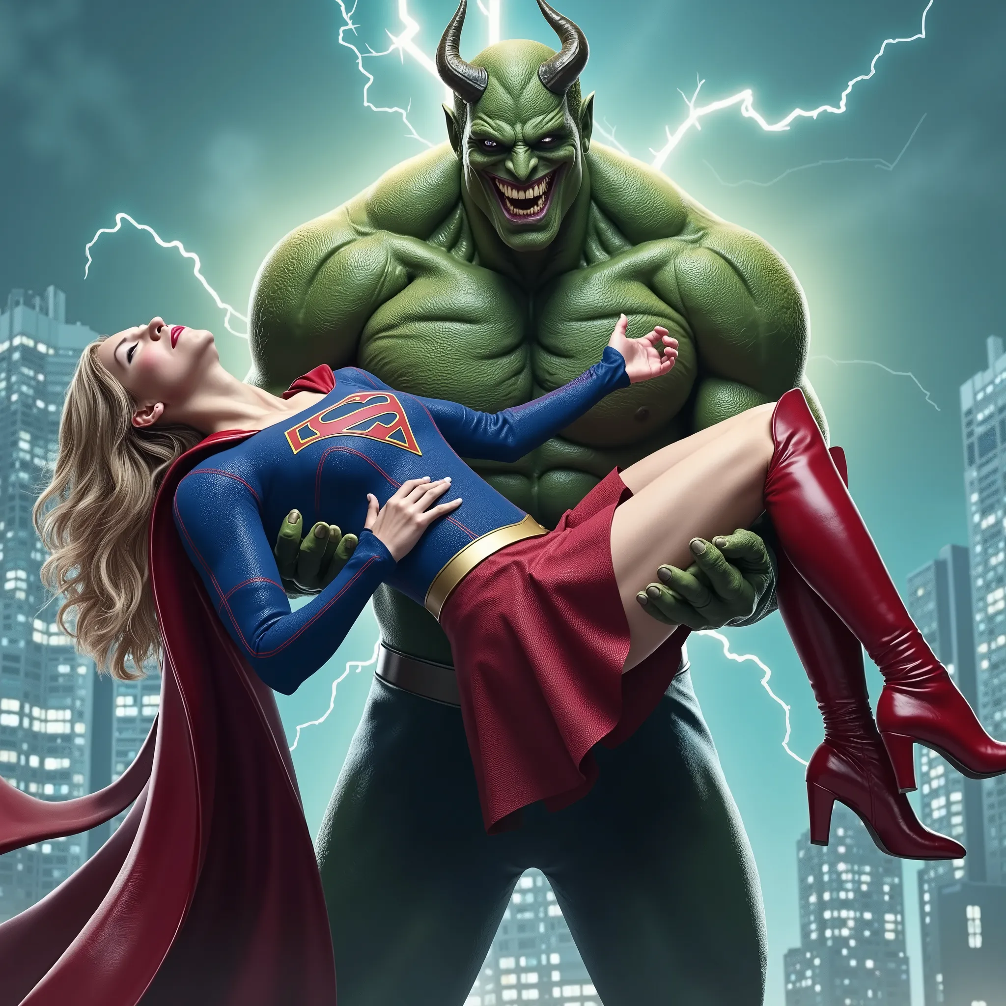 Melissa Benoist as Supergirl, lying in the strong fierce devils arms, she is unconsciousness, her arms and her head are drop down, painful face, she is wearing a Supergirl costume, blue shirt and very short skirt, red high boots, the huge body devil is car...