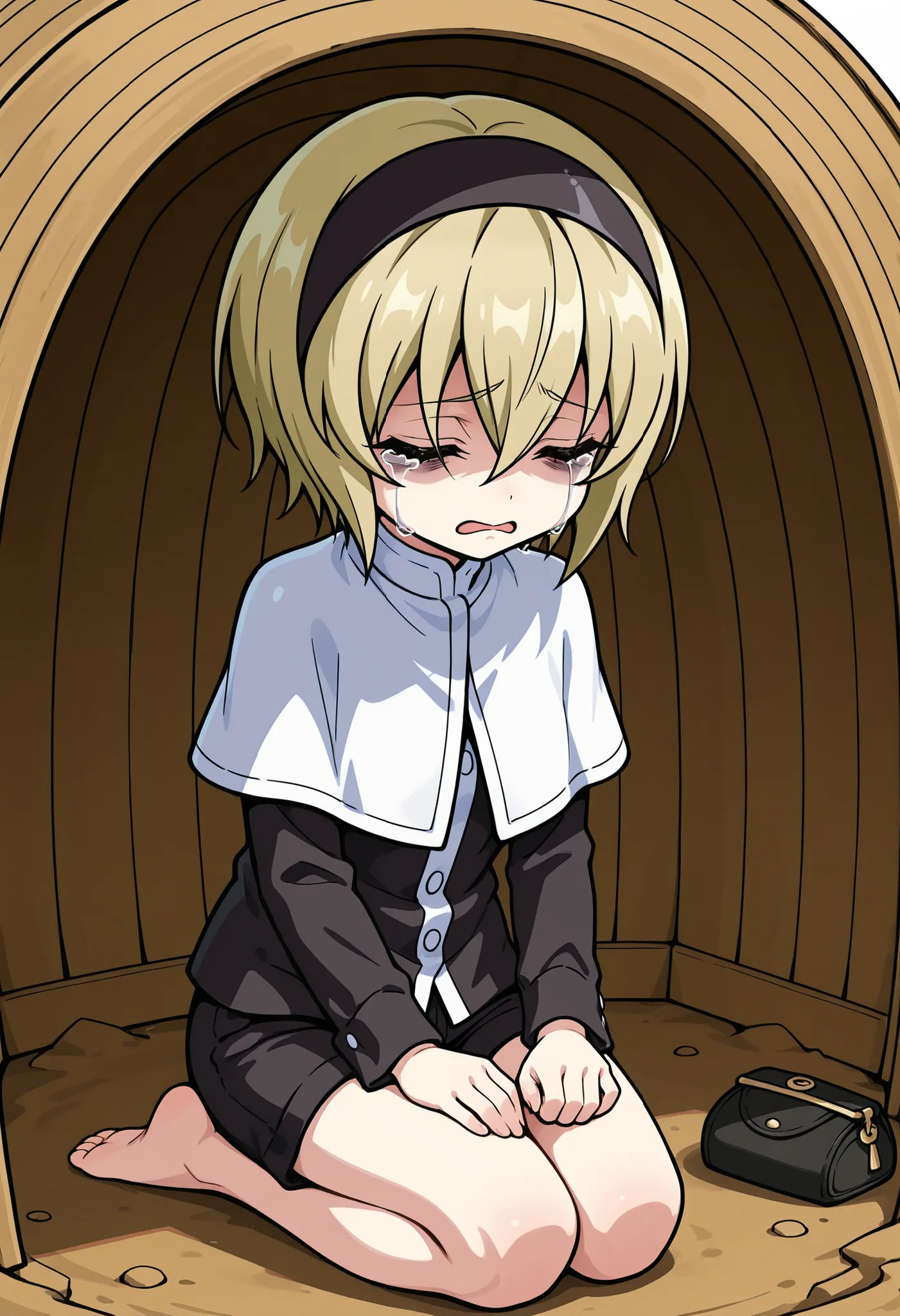 chibi, solo, pekora_(jashin-chan_dropkick), 1girl, short hair, hair between eyes, pale-blonde hair, black hairband, bags under eyes, white capelet, black shirt, black shorts, bare foots, seiza, facing down, sobbing, hands on own thighs, poor, (coin:0.5), b...