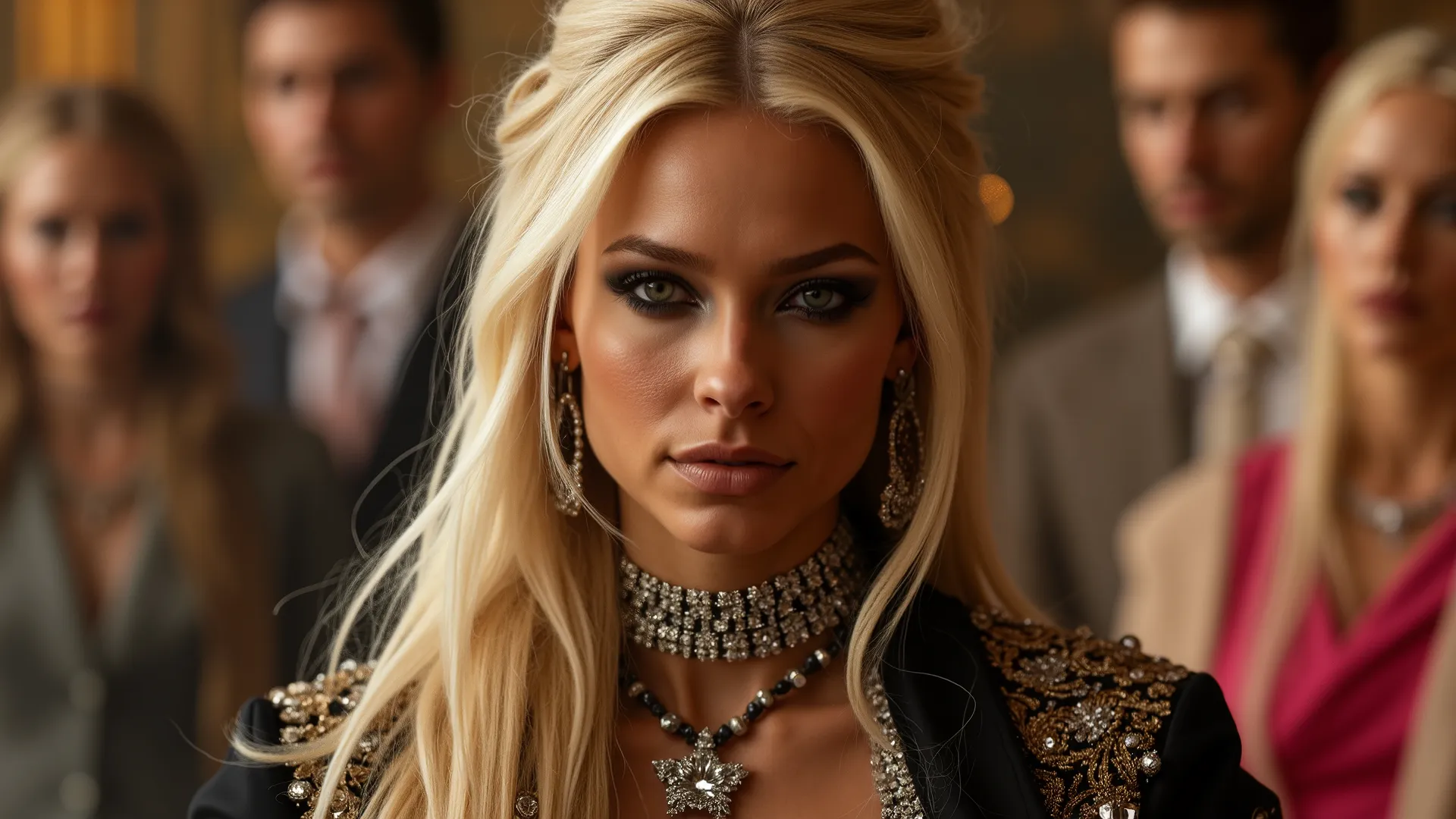 Vertical close-up ultra-detailed portrait of a stunning European woman styled like a royal figure in a digital painting. She’s 27, with icy blonde hair elegantly arranged in a sleek high ponytail, adorned with intricate jeweled accessories. Her skin is bla...