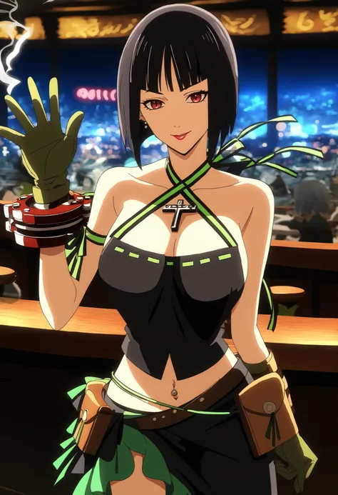 score_9, score_7_up, source_anime, 1girl, thigh up, looking at viewer, waving, smile, stGE, black hair, bob cut, blunt bangs, red eyes, large breasts, cleavage, crop top, black shirt, bare shoulders, criss-cross halter, arm ribbon, green ribbon, bracelet, ...