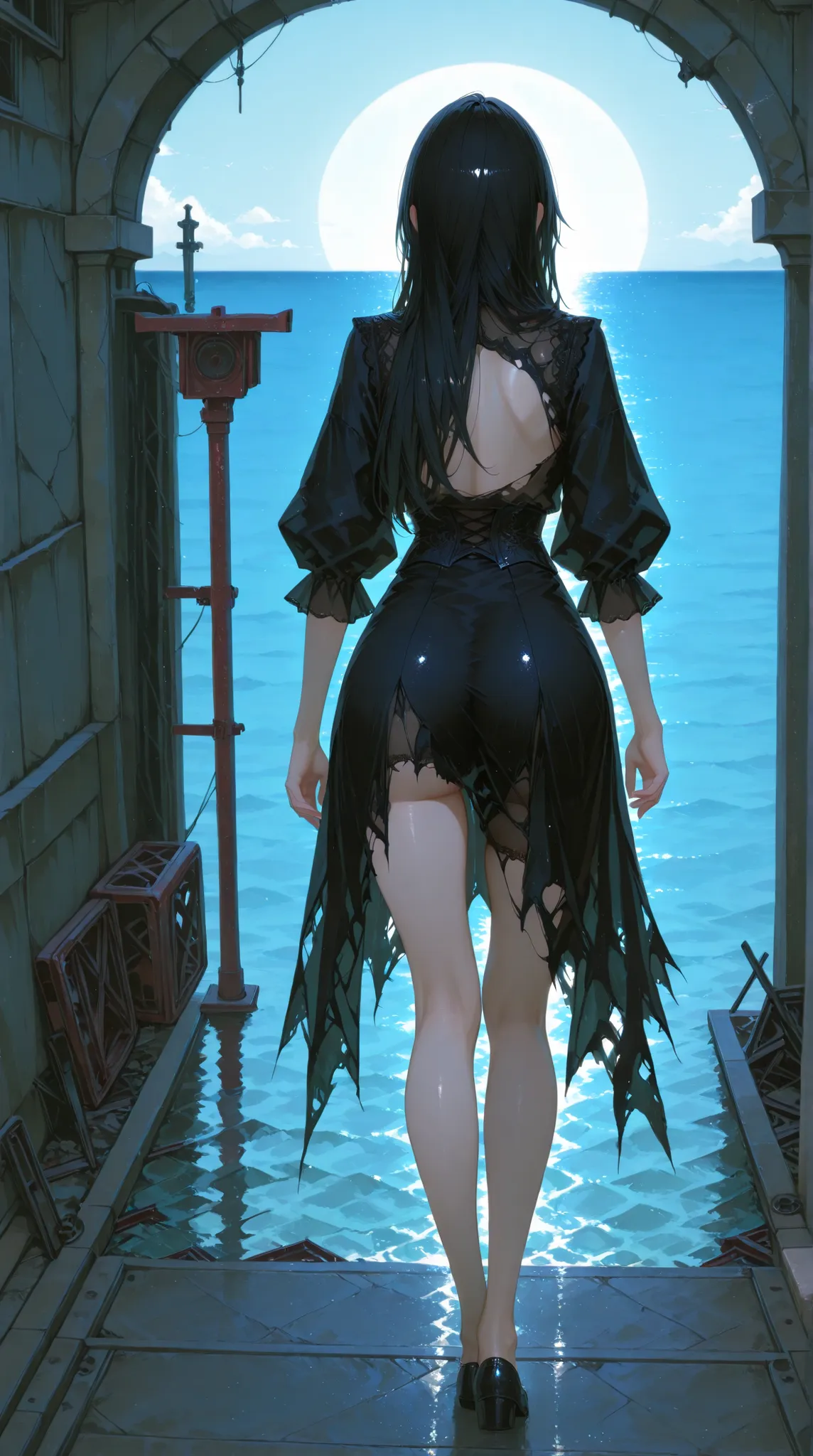 Refined Realistic Style（0.8）, Master Level,Extreme Details,Professional Post-Processing,Masterpiece,anime style（1.2）,best quality,high resolution,8K,。from behind。Full Body。stands by the sea。The background is the ocean、wrecks。 From the back。torn shabby clot...
