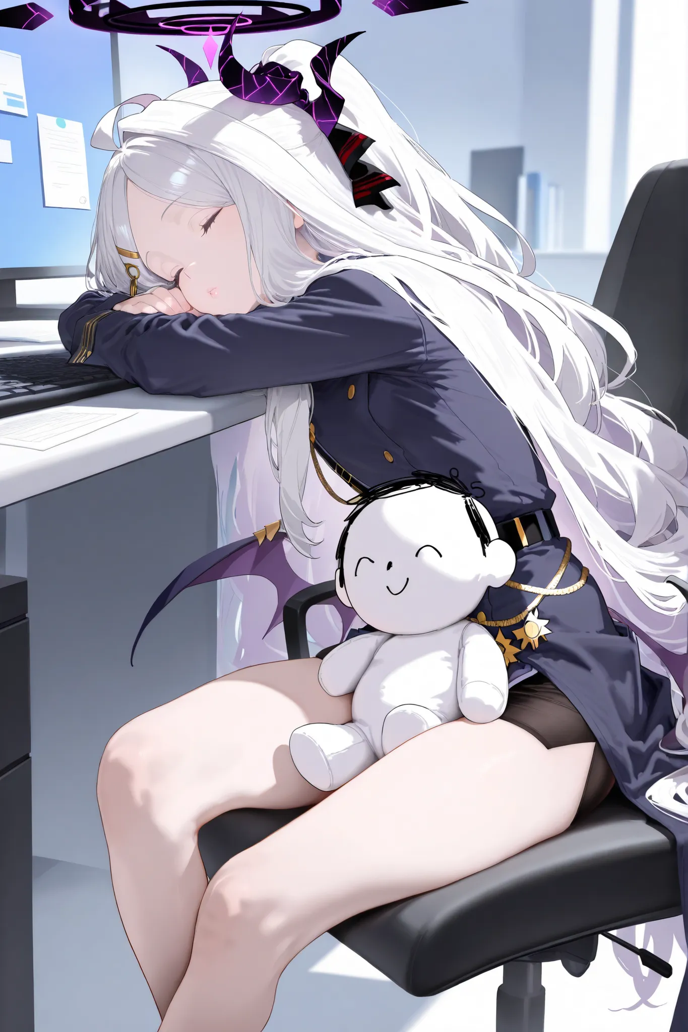 (masterpiece),high res, 4k, UHD, hina(blue_archive), thin clothes, thighs, gasp, sitting on chair, lips, young, waist wings, hand support, resting head, resting on arm, head on keyboard, office work, long coat, uniform, realistic, sleeping on plushie, sens...