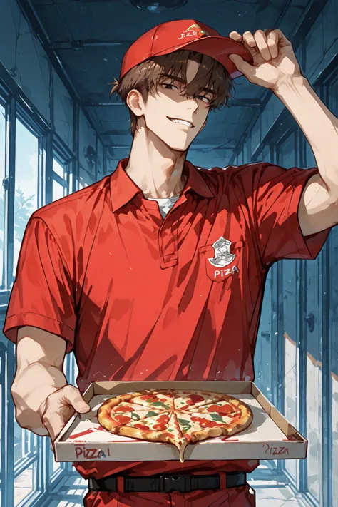 handsome young man, male, around 22 years old, Japanese, wavy medium-length brown hair reaching shoulders, black eyes, wearing a red polo shirt (pizza delivery uniform), bust-up shot, standing at the entrance, lifting the cap brim with one hand and holding...