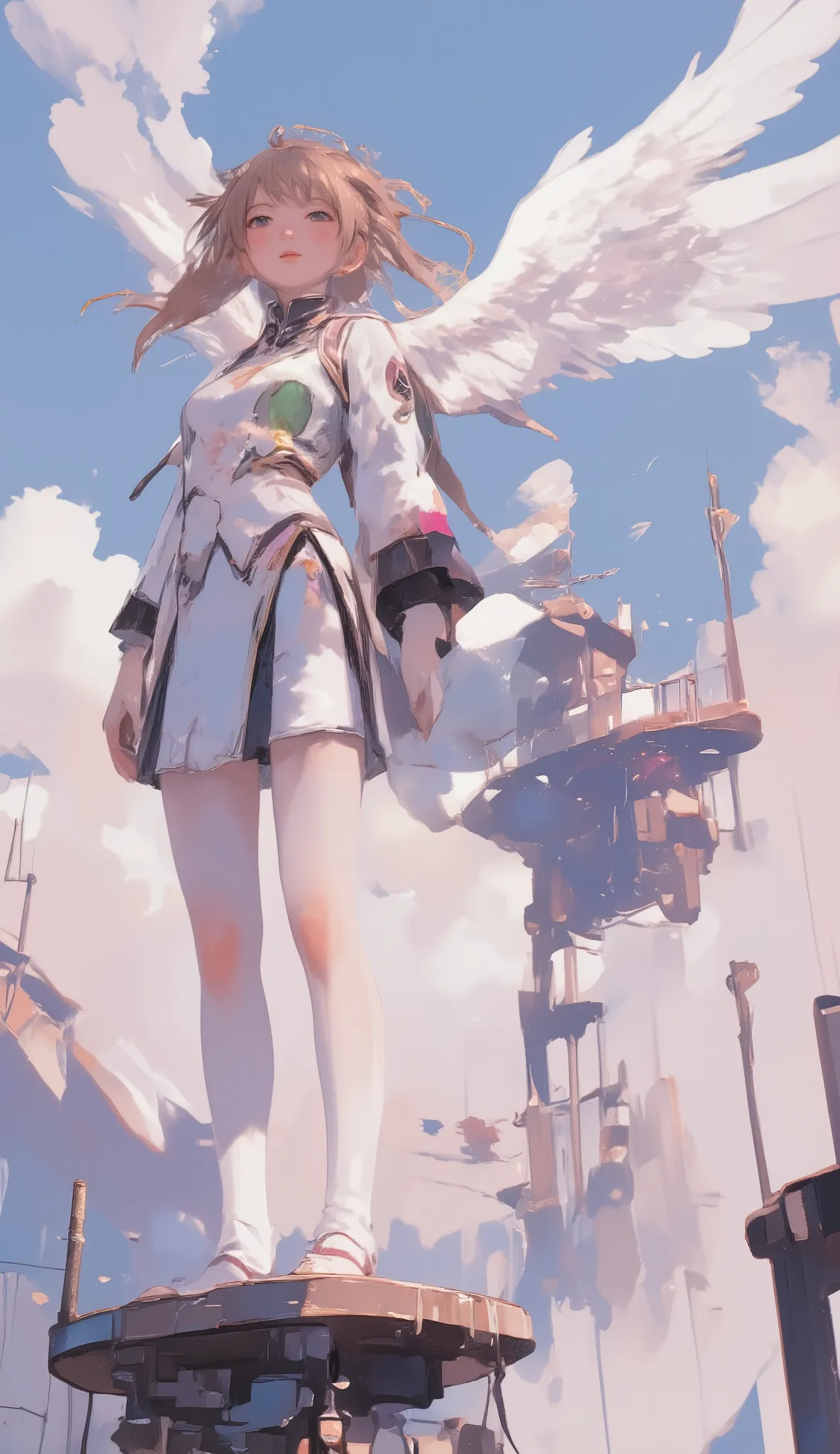 there is a woman standing on a platform with wings on her head, artwork in the style of Gwyds, gorgeous Chinese clothes, Gwyds, girl with angel wings wearing it on her head, by Yuumei, with wings, of an beautiful gorgeous Chinese clothes, Beautiful Wings, ...