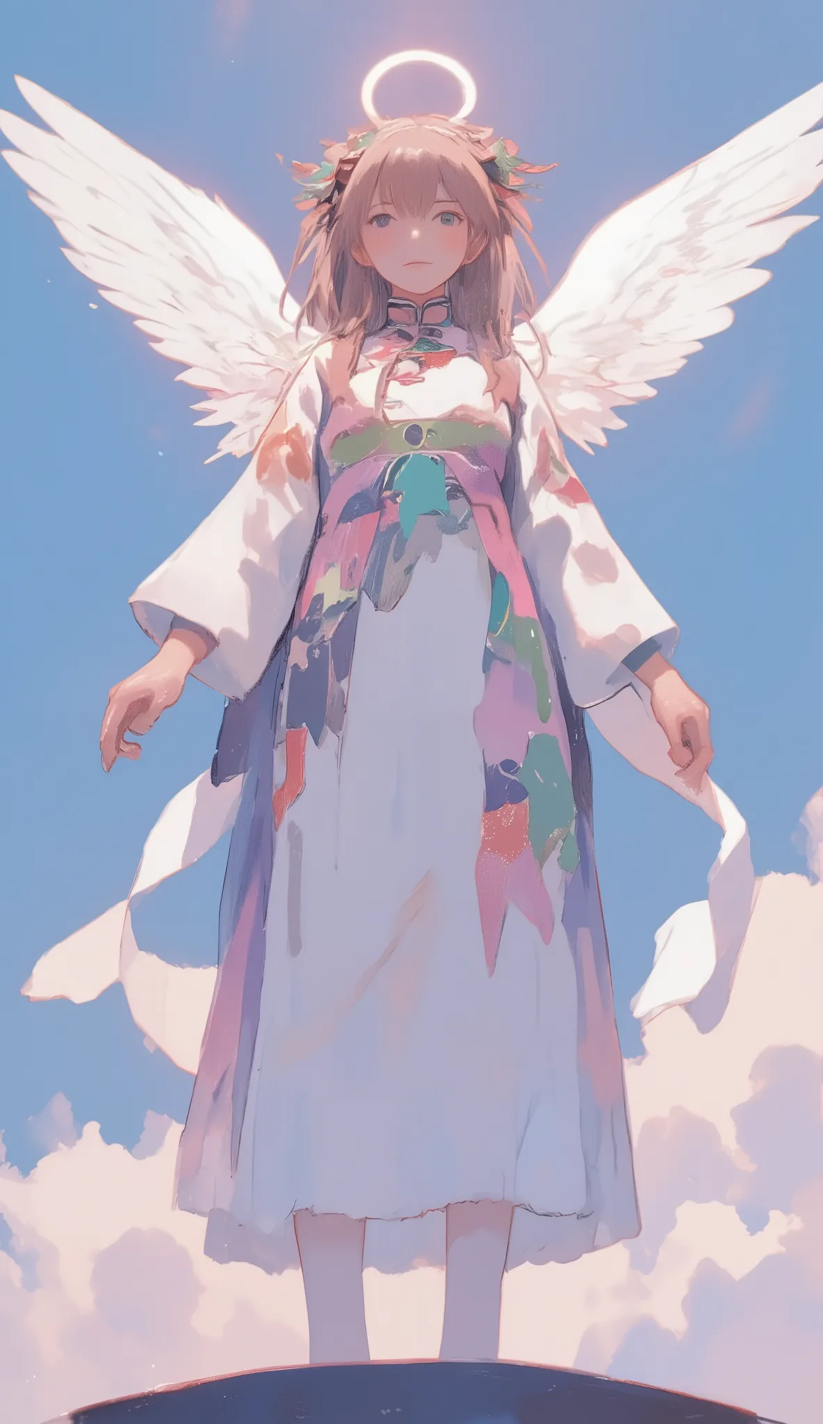 there is a woman standing on a platform with wings on her head, artwork in the style of Gwyds, gorgeous Chinese clothes, Gwyds, girl with angel wings wearing it on her head, by Yuumei, with wings, of an beautiful gorgeous Chinese clothes, Beautiful Wings, ...