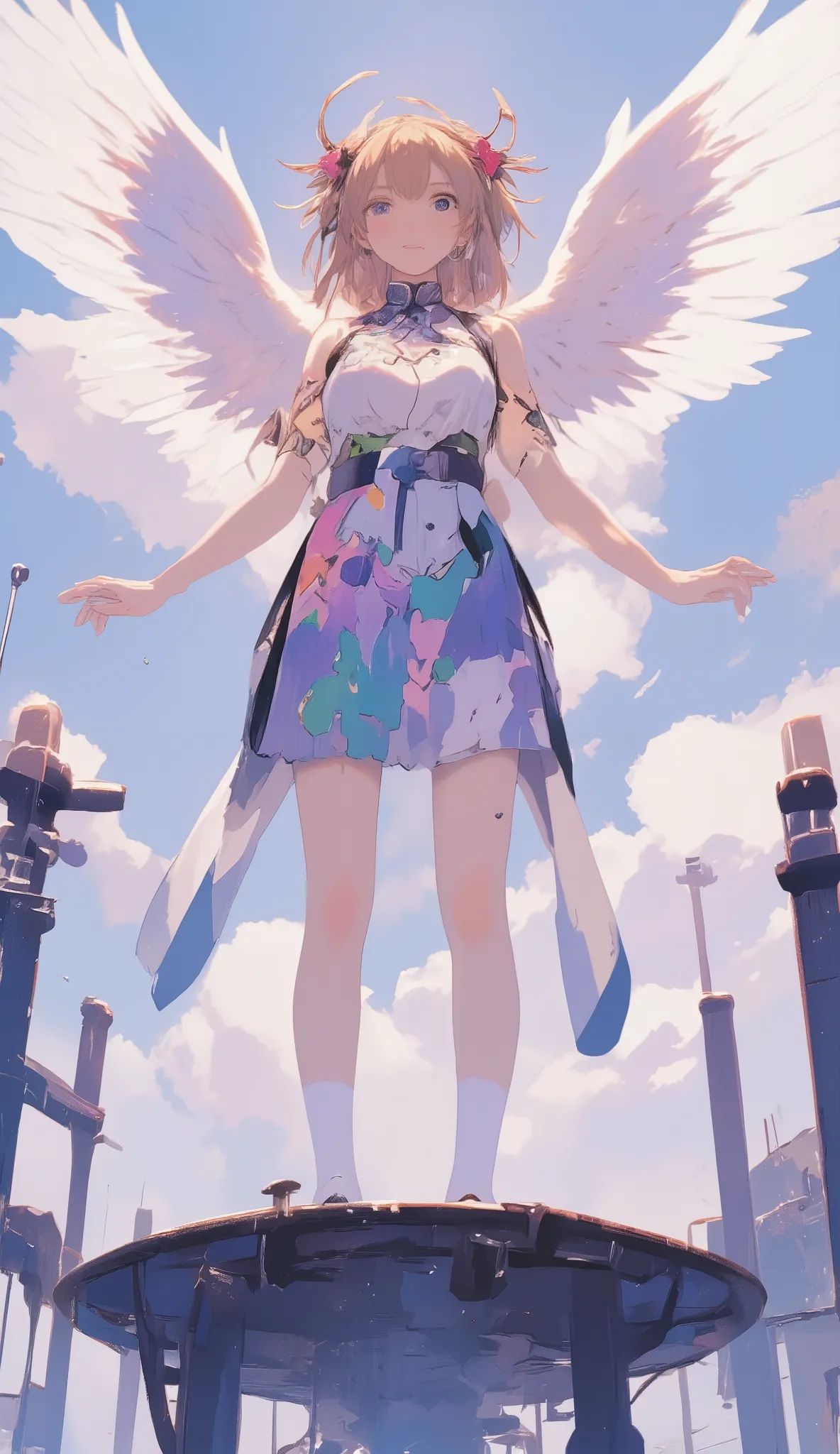 there is a woman standing on a platform with wings on her head, artwork in the style of Gwyds, gorgeous Chinese clothes, Gwyds, girl with angel wings wearing it on her head, by Yuumei, with wings, of an beautiful gorgeous Chinese clothes, Beautiful Wings, ...
