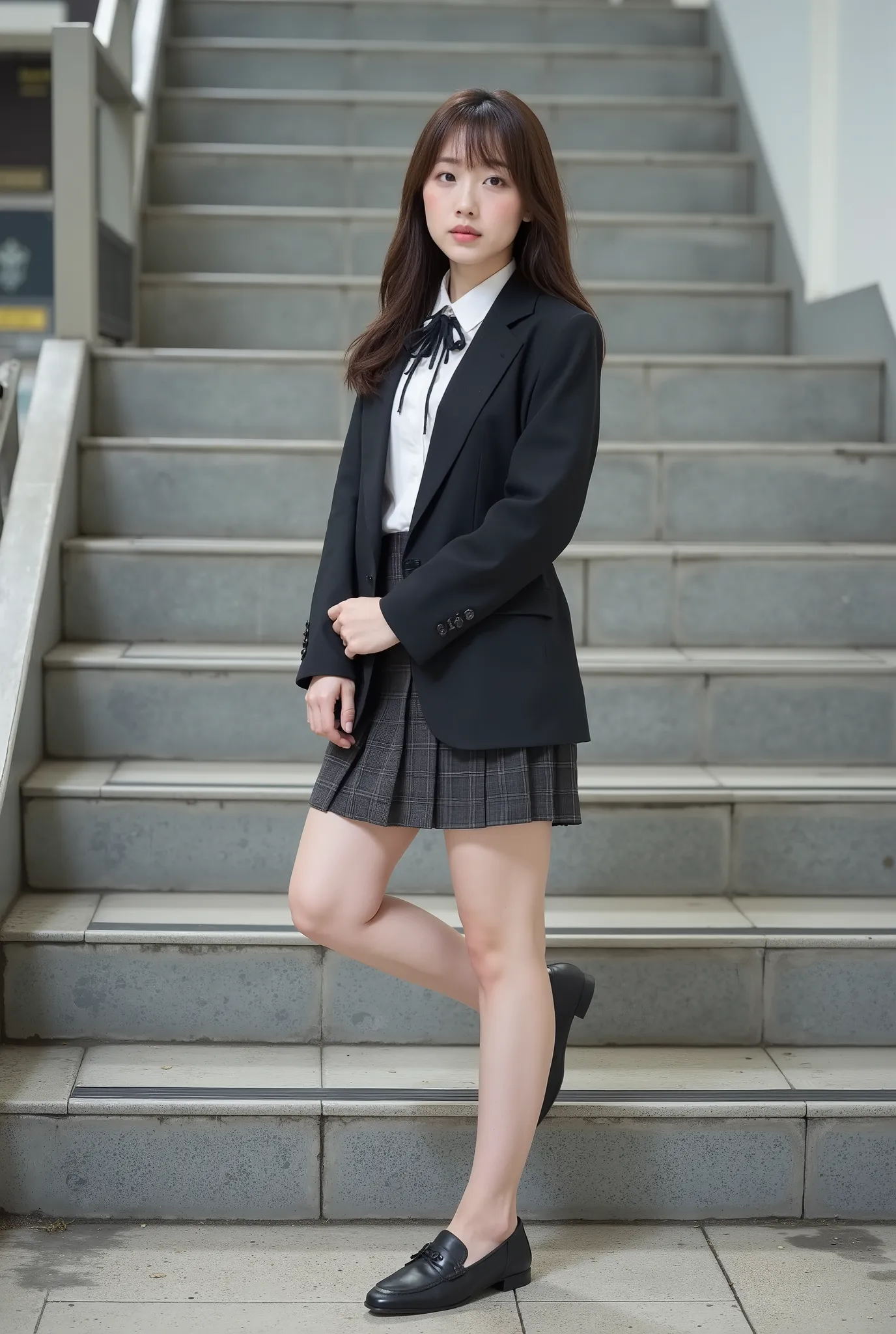 　 best image quality、score_9,  score_8_ up 、masterpiece、from below、One Japanese Woman、high school girl、uniform、 blazer after face、panties、thighs are highlighted、loafers、、 Station Stairs、