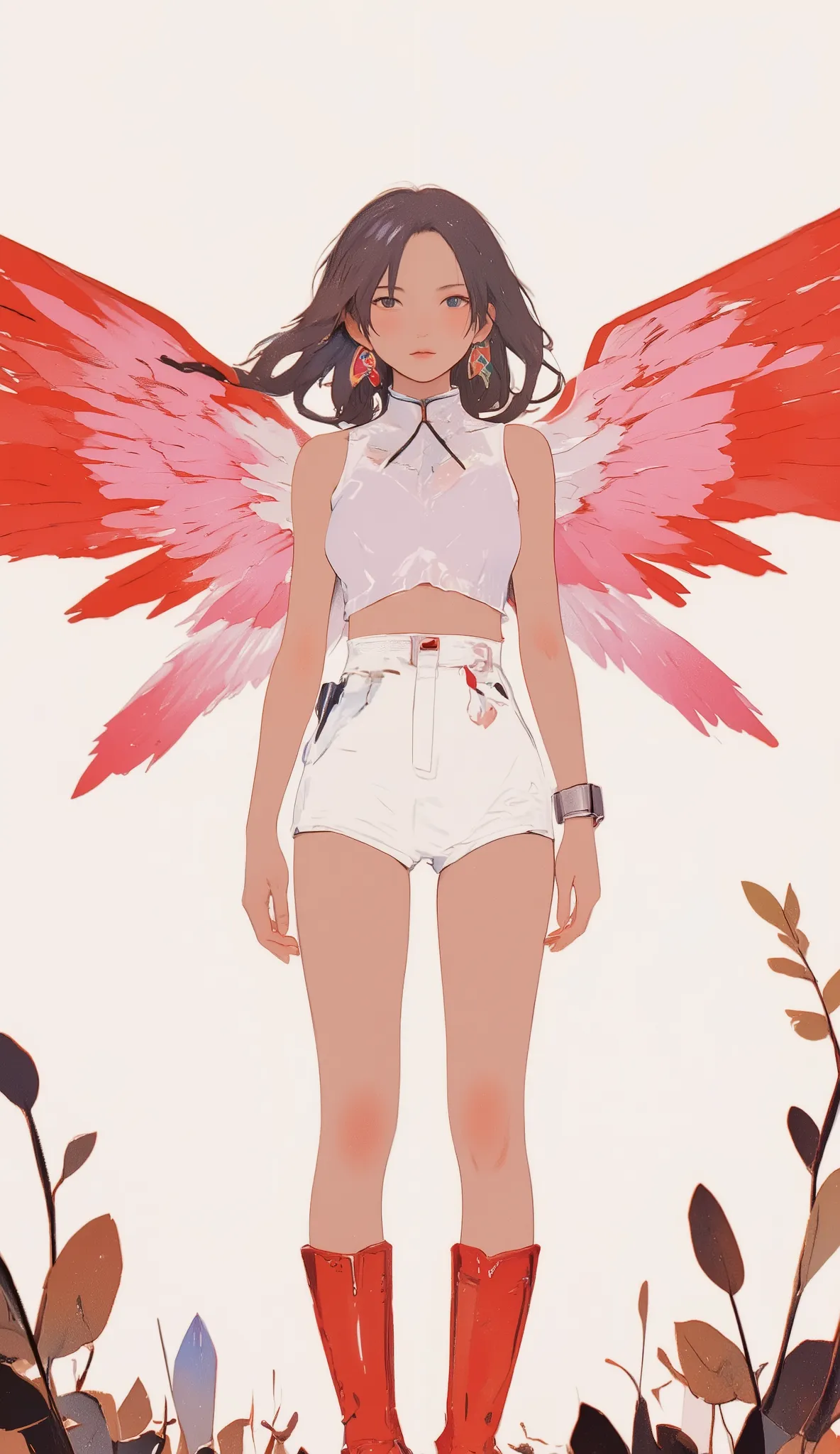 A captivating digital illustration depicts a、, Sideways dark hair. She is big, Dramatic wings displaying a bright red palette, Pink, And white, Implies a sense of movement and freedom. Her outfit is modern and minimal, consists of a white top and matching ...