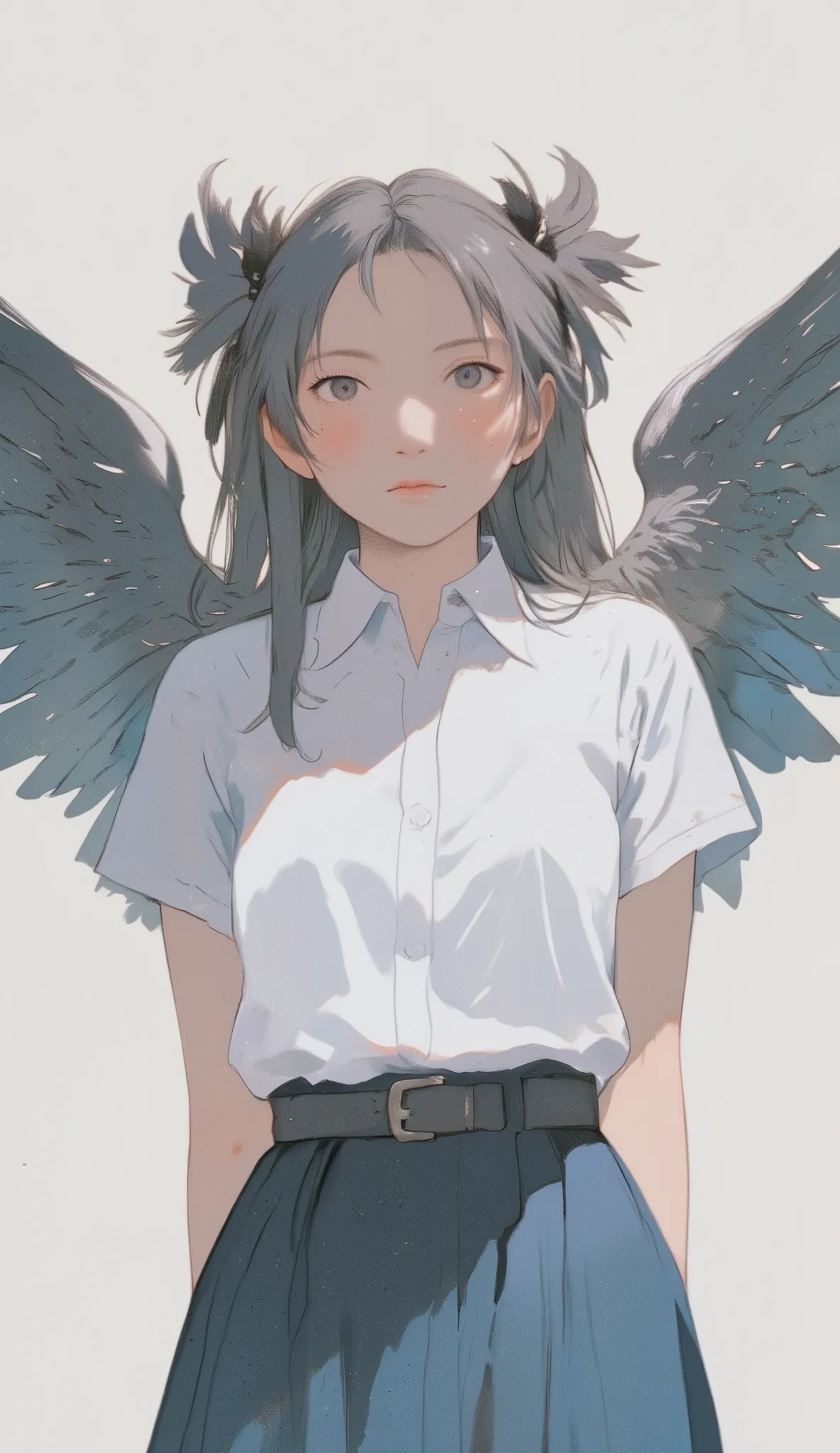 Anime-style illustration of a woman wearing a white shirt with wings, Los Transに触発されています, Los Trans, Inspired by the Zheng Yan Army, Gu Wei-zhi-style work, Lost Run Style, beautiful artistic illustration, anime style digital art, Man with wings, Anime Abst...