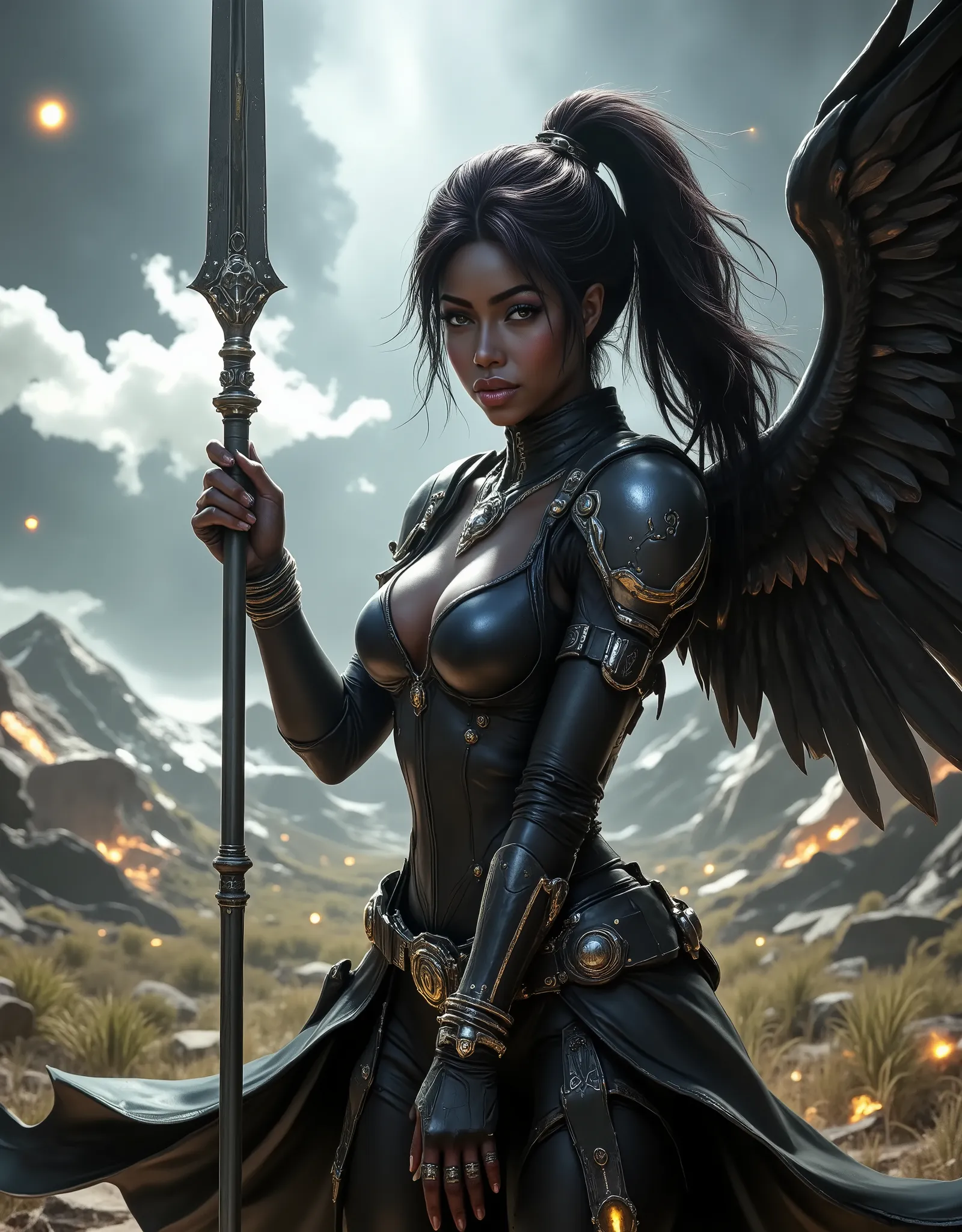 leader of archangel lucifer,war effect,REAL - style image of a woman with a dark sword in a field, cyberpunk art inspired by Leng Mei, cgsociety contest winner, fantasy art, beautiful Mistresses angel girl, angel knight girl, as a mystical valkyrie, battle...