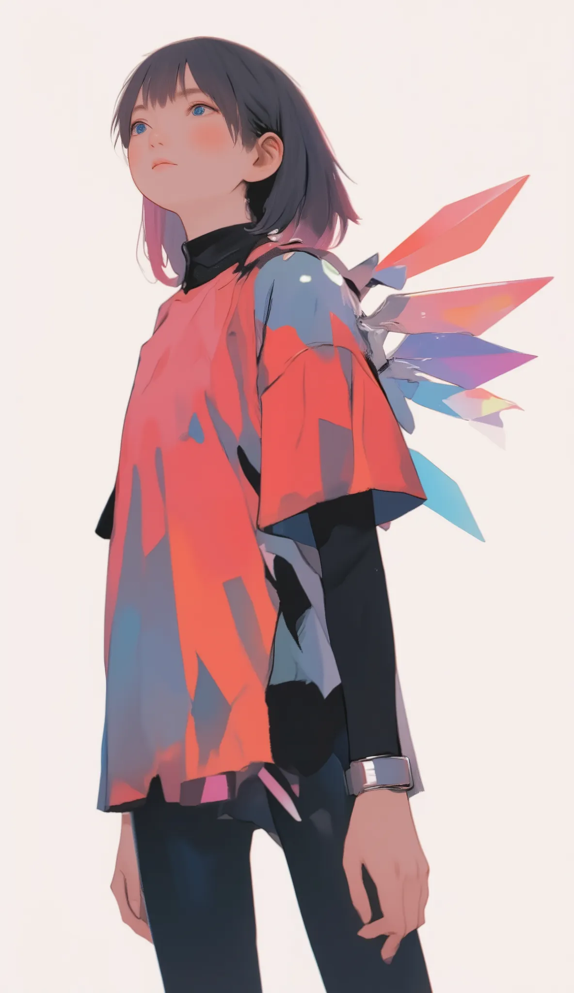 young adults stand in profile, show a modern and abstract style. Her hair is pink at the tip With smooth black bob hair with gradation. She is wearing oversized clothes , especially、A large shirt with a geometric pattern composed of various shades of red ...