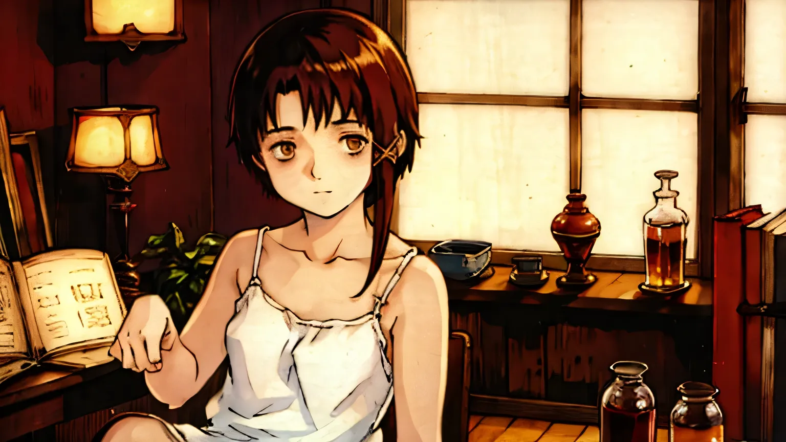 solo, 1 female\( Iwakura Rain \(Serial Experiment LAIN\),Expressionless face,12 years old,(big eyes:1.2),brown eyes,Eyes without sparkle,Empty eyes,short asymmetry  dark brown hair,yellow hair clip,pale white skin,(white long camisole:1.3),(staring at the ...