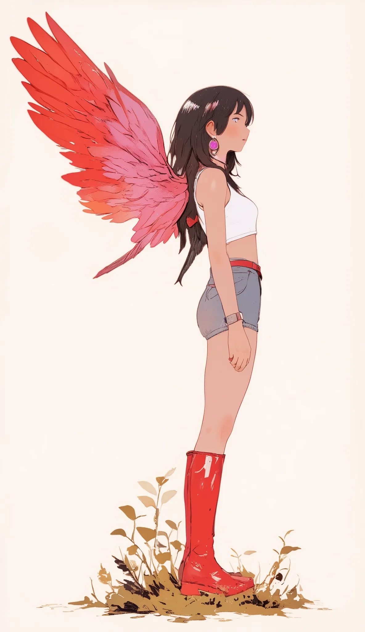 profile、A captivating digital illustration depicts a、, Sideways dark hair. She is big, Dramatic wings displaying a bright red palette, Pink, And white, Implies a sense of movement and freedom. Her outfit is modern and minimal, consists of a white top and m...
