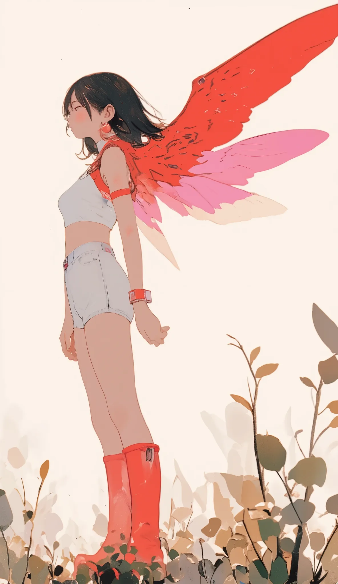 profile、A captivating digital illustration depicts a、, Sideways dark hair. She is big, Dramatic wings displaying a bright red palette, Pink, And white, Implies a sense of movement and freedom. Her outfit is modern and minimal, consists of a white top and m...