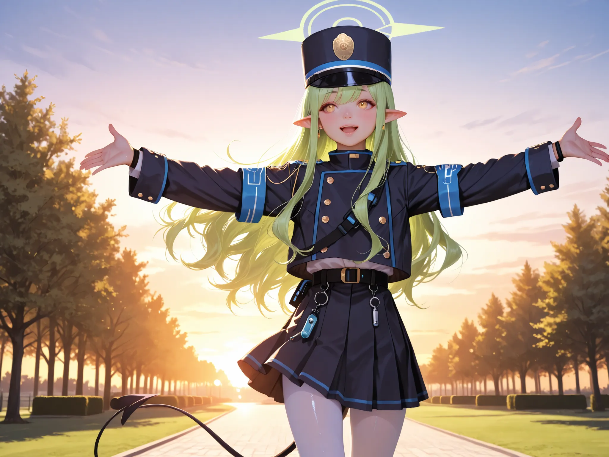 Realistic,soft shiny skin, realistic texture,hikari_\(blue archive\),yellow eyes,green hair,long hair,earring,pointy ears,halo,tail,jacket,skirt,arm band,white pantyhose,peaked cap,boots, open arms, park and trees in background,solo, female focus, cowboy s...