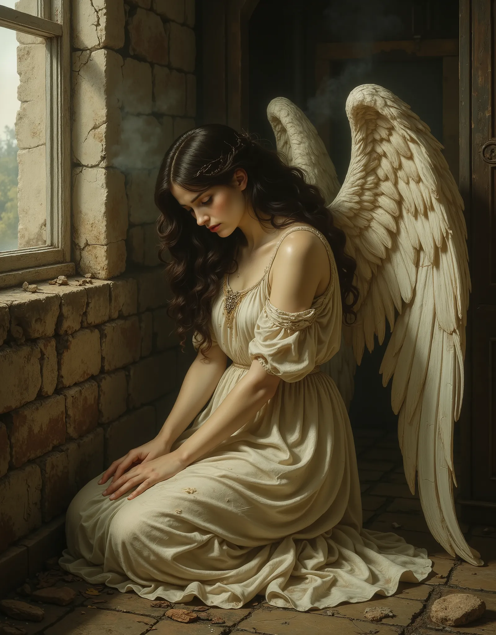 A narrative of the "dark angel" unfolds across three haunting images, each a testament to the fallen angel's sorrowful descent, echoing the Pre-Raphaelite artistry of Edward Burne-Jones and Dante Gabriel Rossetti. In the first image, a figure kneels in a d...