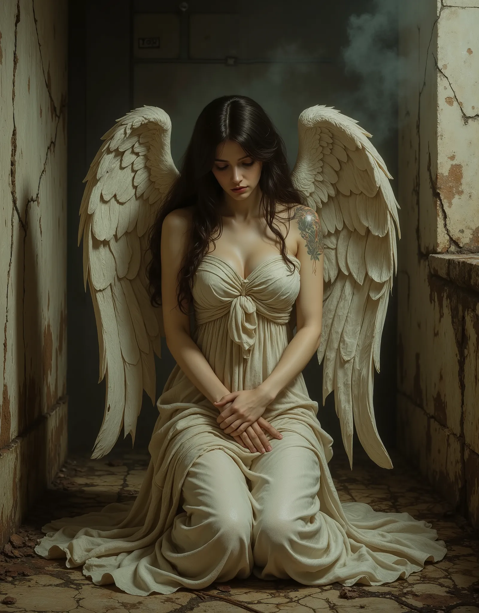 A narrative of the "dark angel" unfolds across three haunting images, each a testament to the fallen angel's sorrowful descent, echoing the Pre-Raphaelite artistry of Edward Burne-Jones and Dante Gabriel Rossetti. In the first image, a figure kneels in a d...
