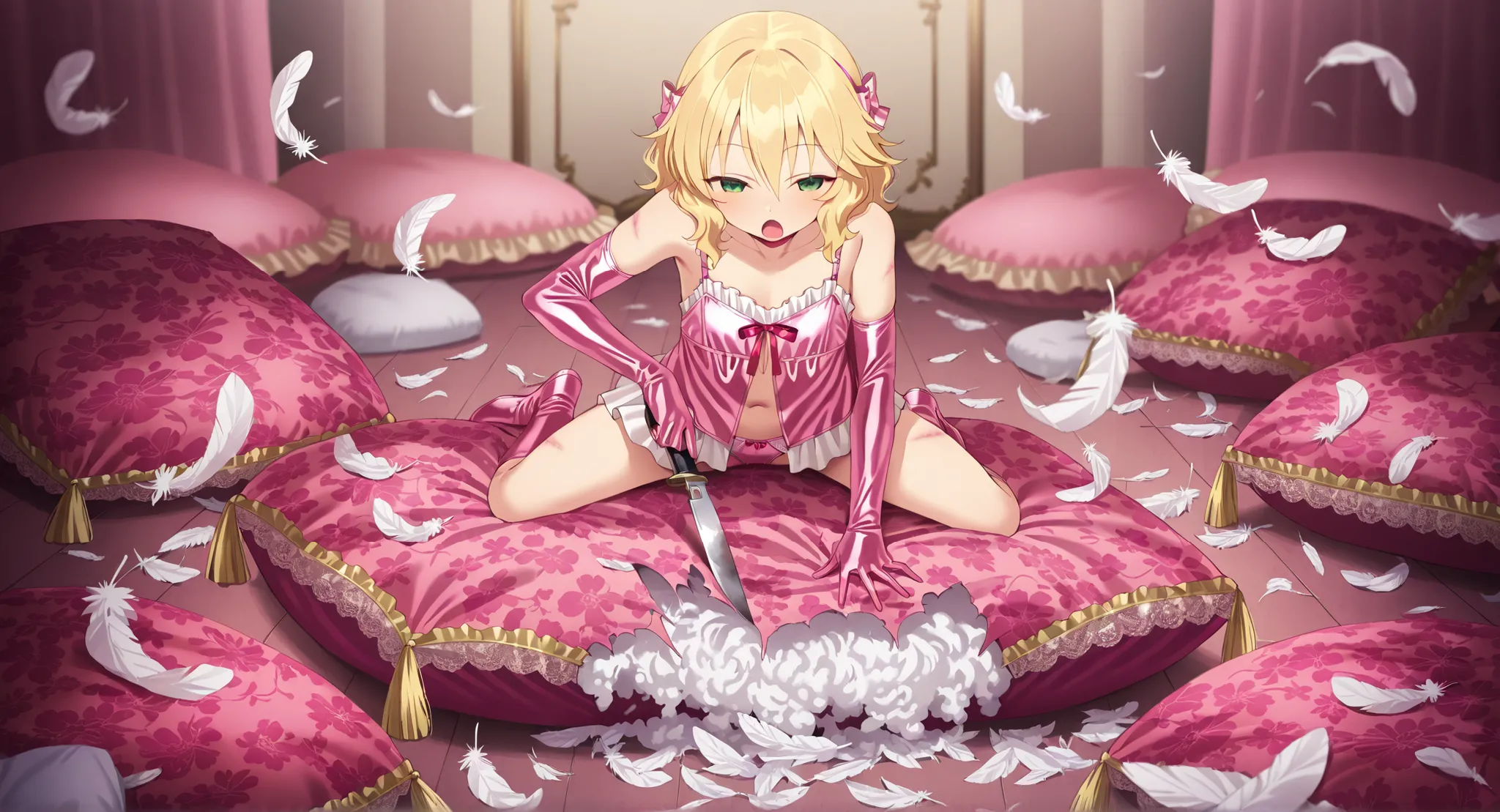 (score_9:0.9),score_8_up,score_7_up,negative_hand, realistic,satoukuuki,satou kuuki,warm color,sakurai momoka, short hair, blonde hair, wavy hair, hairband, hair bow, bangs, hair between eyes, green eyes, flat chest, camisole, over elbow glove, underwear, ...