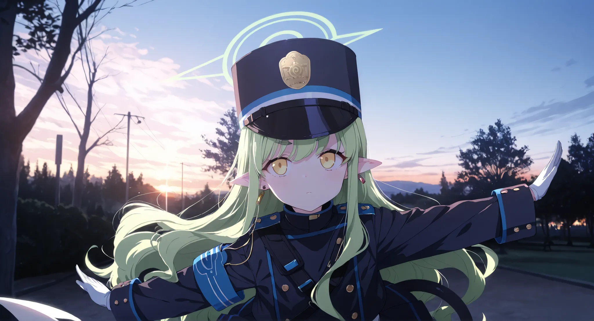 hikari_\(blue archive\),yellow eyes,green hair,long hair,earring,pointy ears,halo,tail,jacket,skirt,arm band,white pantyhose,peaked cap,boots, open arms, hisasi,park and trees in background,solo, female focus, cowboy shot, front view, early morning,  cute ...