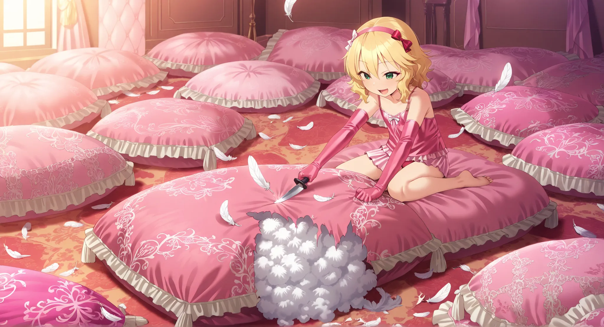 (score_9:0.9),score_8_up,score_7_up,negative_hand, realistic,satoukuuki,satou kuuki,warm color,sakurai momoka, short hair, blonde hair, wavy hair, hairband, hair bow, bangs, hair between eyes, green eyes, flat chest, camisole, over elbow glove, underwear, ...