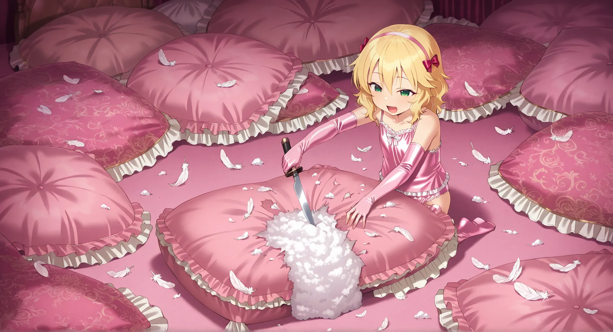 (score_9:0.9),score_8_up,score_7_up,negative_hand, realistic,satoukuuki,satou kuuki,warm color,sakurai momoka, short hair, blonde hair, wavy hair, hairband, hair bow, bangs, hair between eyes, green eyes, flat chest, camisole, over elbow glove, underwear, ...