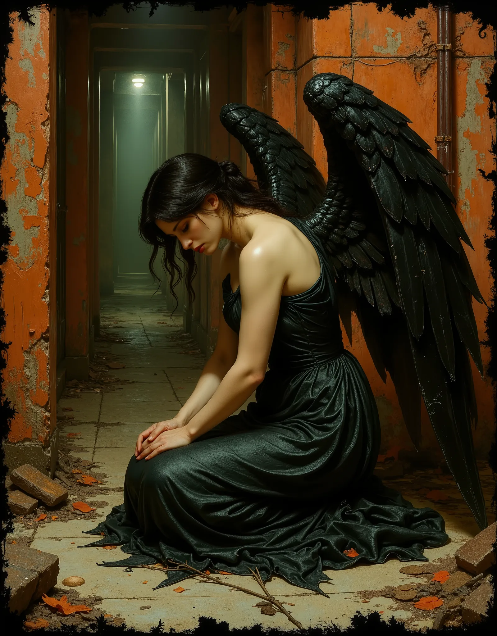 Angel with black wings, black robe, A narrative of the "dark angel" unfolds across three haunting images, each a testament to the fallen angel's sorrowful descent, echoing the Pre-Raphaelite artistry of Edward Burne-Jones and Dante Gabriel Rossetti. In the...