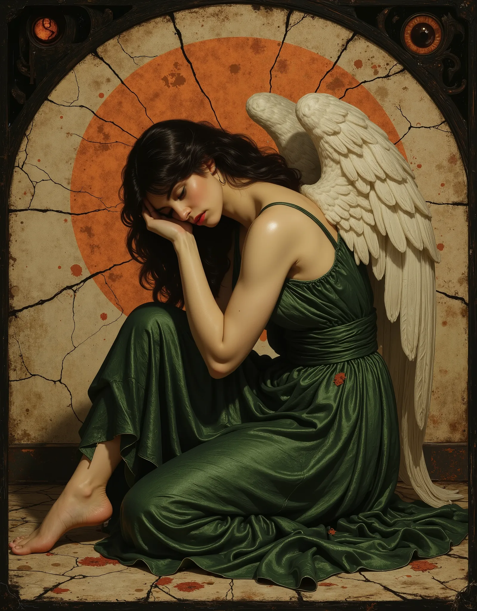 Angel with black wings, black robe, overgrown Gothic garden, A narrative of the "dark angel" unfolds across three haunting images, each a testament to the fallen angel's sorrowful descent, echoing the Pre-Raphaelite artistry of Edward Burne-Jones and Dante...