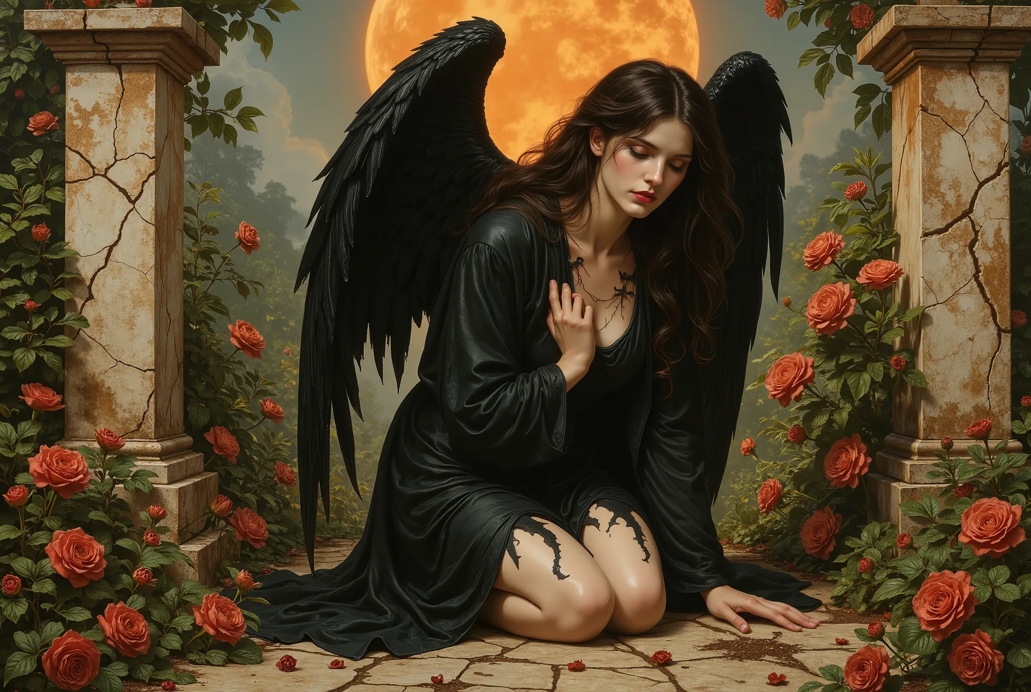 Angel with black wings, black robe, frail, demure, anemic, Victorian garden, crumbling marble, A narrative of the "dark angel" unfolds across three haunting images, each a testament to the fallen angel's sorrowful descent, echoing the Pre-Raphaelite artist...