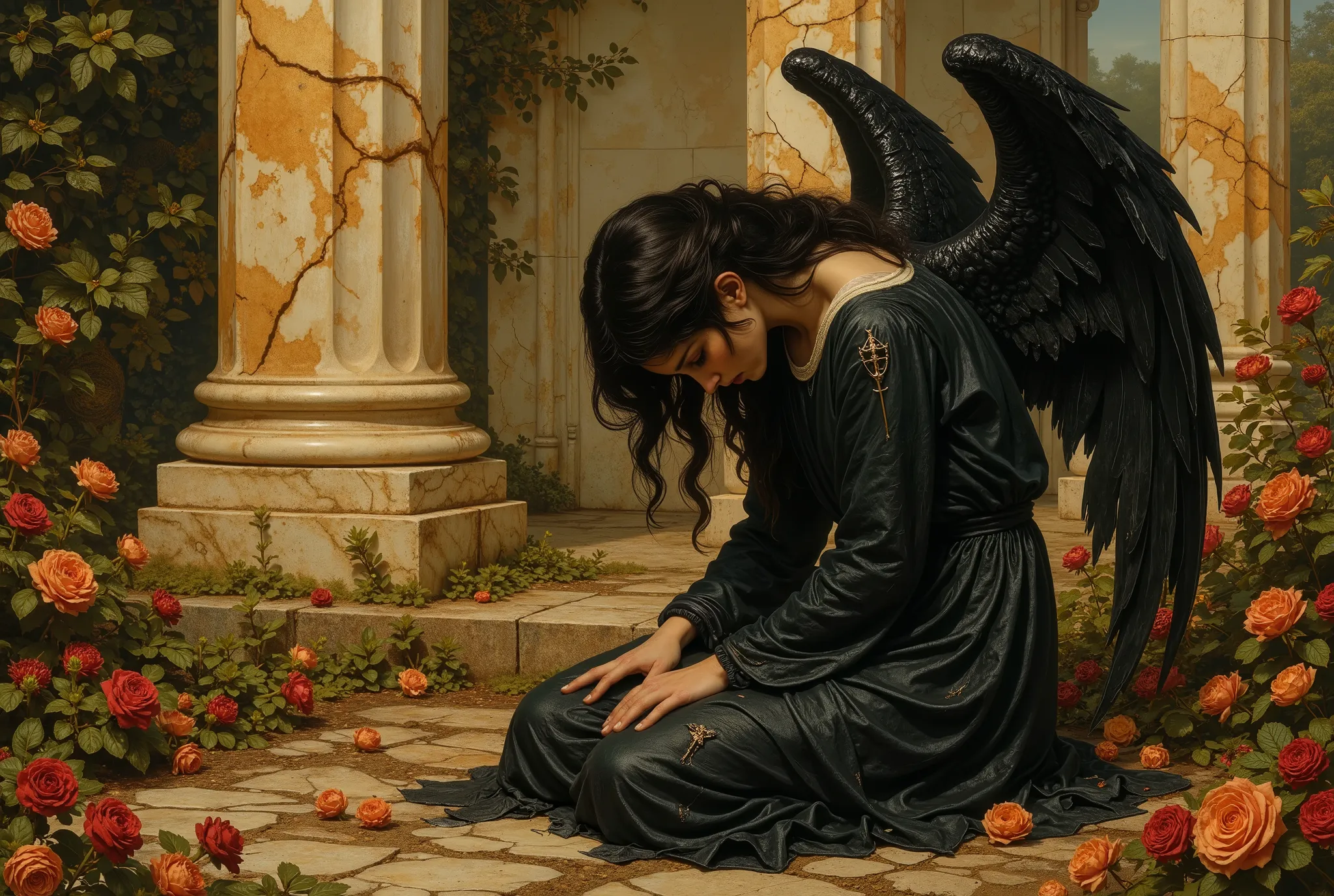 Angel with black wings, black robe, frail, demure, anemic, Victorian garden, crumbling marble, A narrative of the "dark angel" unfolds across three haunting images, each a testament to the fallen angel's sorrowful descent, echoing the Pre-Raphaelite artist...