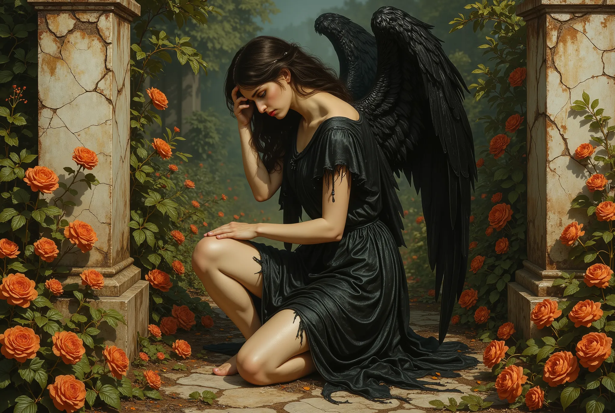 Angel with black wings, black robe, frail, demure, anemic, Victorian garden, crumbling marble, A narrative of the "dark angel" unfolds across three haunting images, each a testament to the fallen angel's sorrowful descent, echoing the Pre-Raphaelite artist...