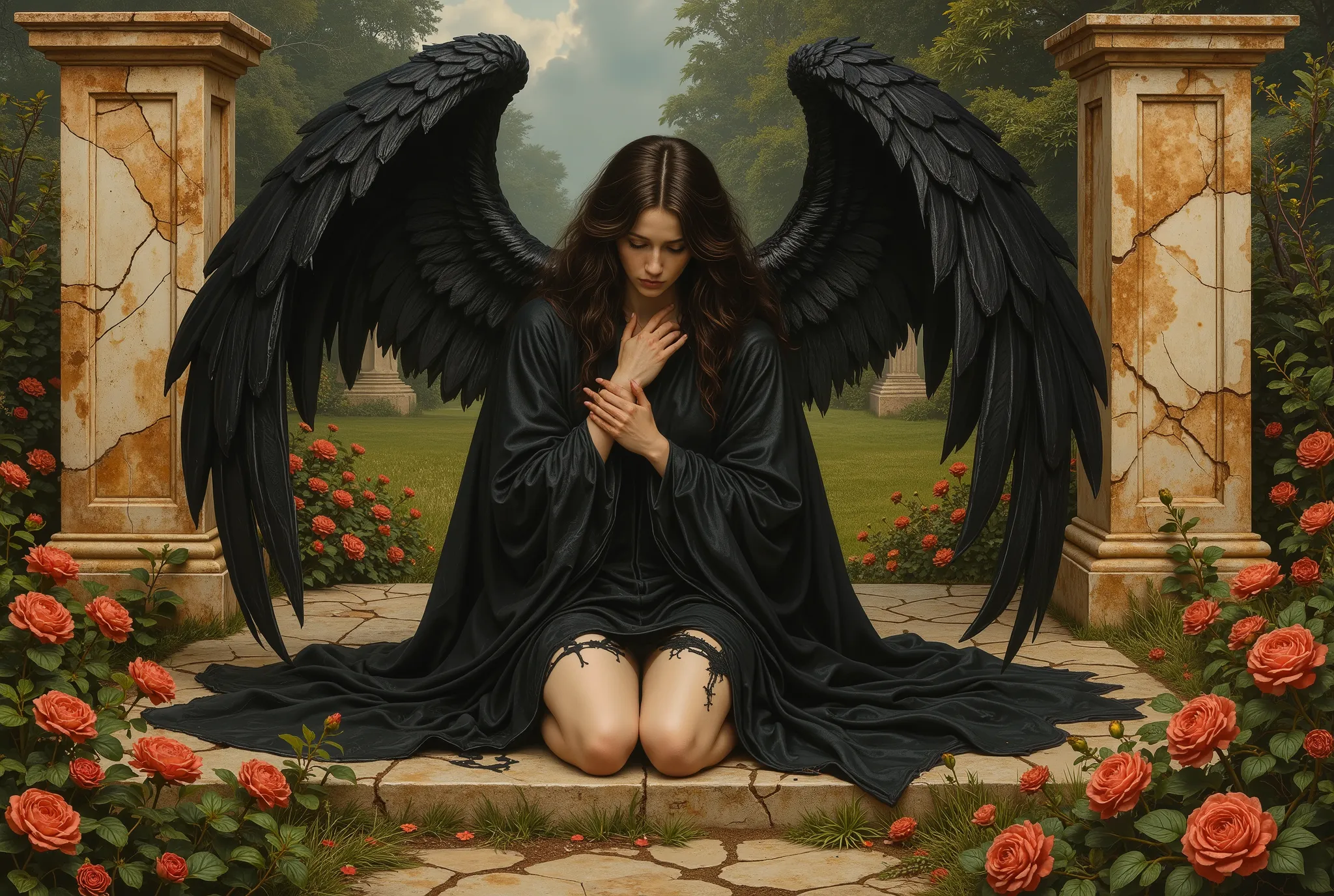 Angel with black wings, black robe, frail, demure, anemic, Victorian garden, crumbling marble, A narrative of the "dark angel" unfolds across three haunting images, each a testament to the fallen angel's sorrowful descent, echoing the Pre-Raphaelite artist...