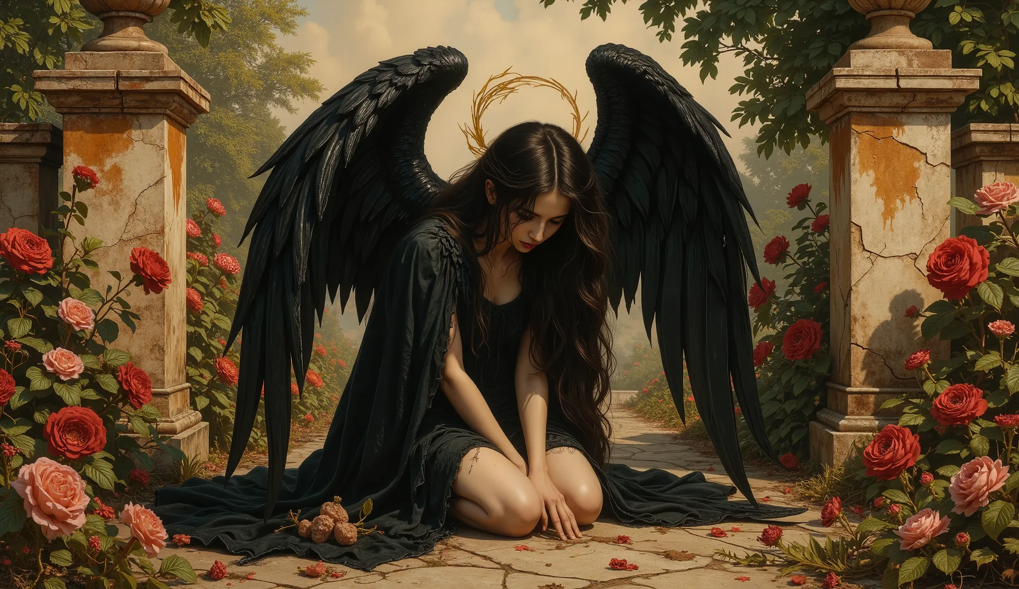 Angel with black wings, black robe, frail, demure, anemic, Victorian garden, crumbling marble, A narrative of the "dark angel" unfolds across three haunting images, each a testament to the fallen angel's sorrowful descent, echoing the Pre-Raphaelite artist...