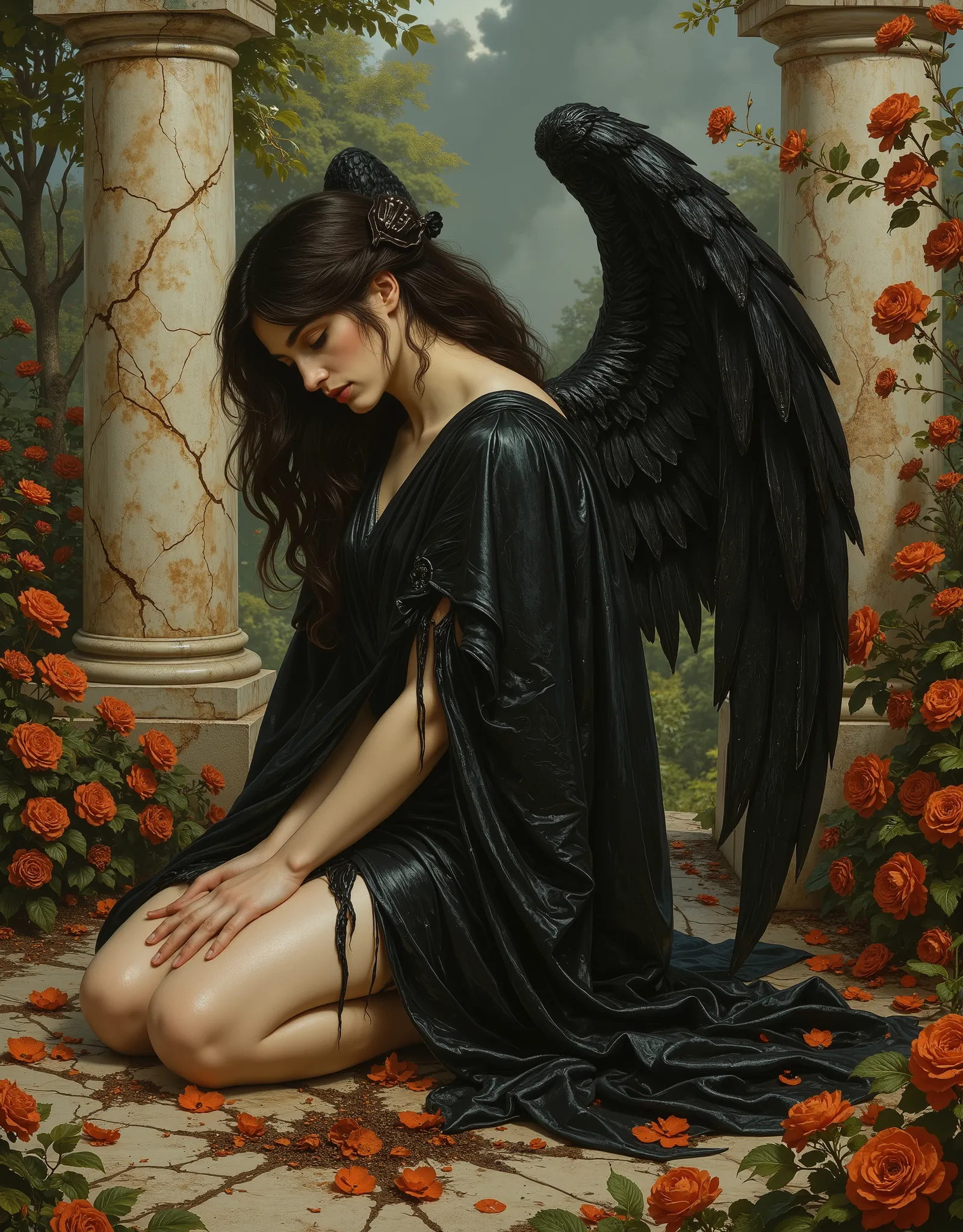 Angel with black wings, black robe, frail, demure, anemic, Victorian garden, crumbling marble, A narrative of the "dark angel" unfolds across three haunting images, each a testament to the fallen angel's sorrowful descent, echoing the Pre-Raphaelite artist...