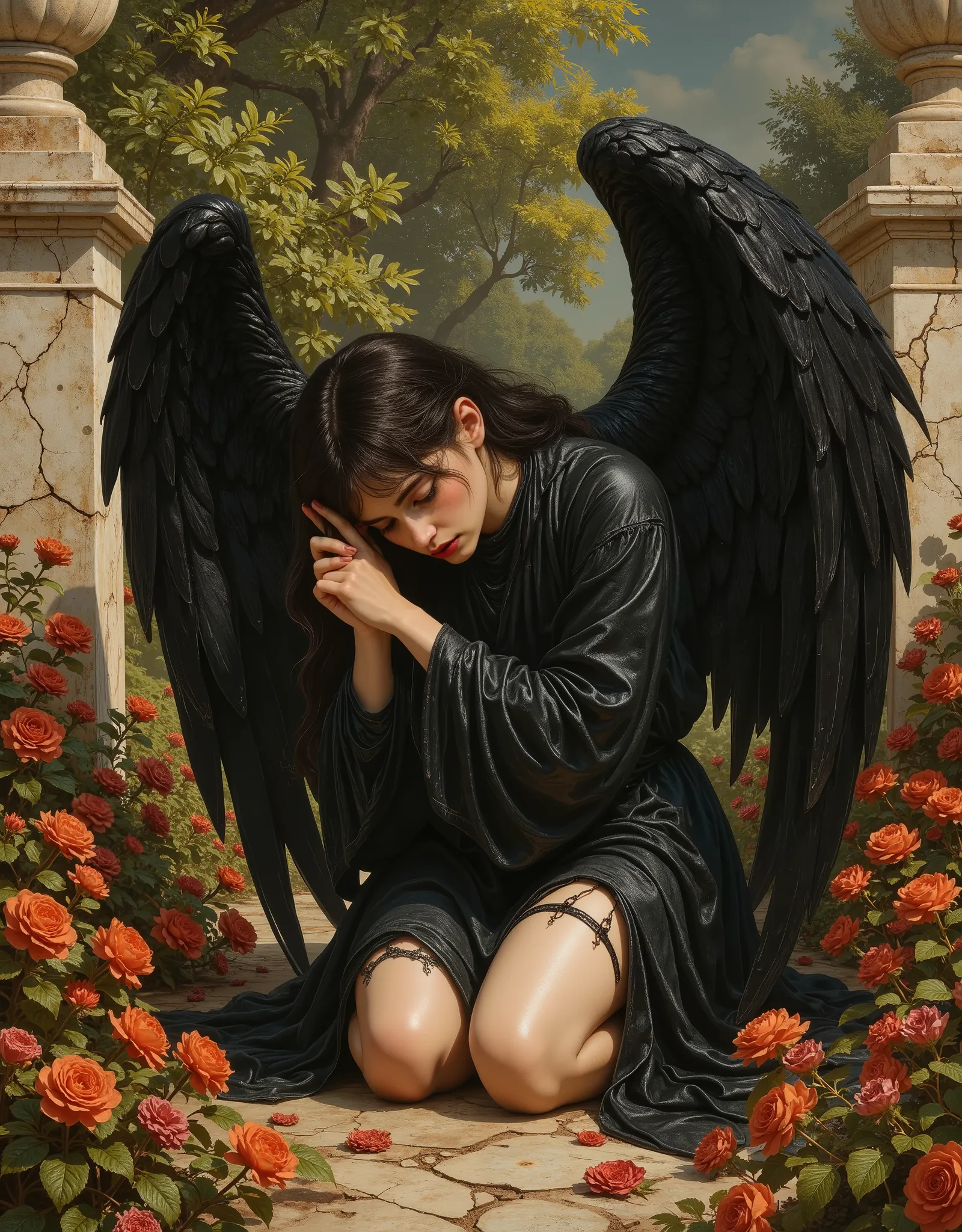 Angel with black wings, black robe, frail, demure, anemic, Victorian garden, crumbling marble, A narrative of the "dark angel" unfolds across three haunting images, each a testament to the fallen angel's sorrowful descent, echoing the Pre-Raphaelite artist...