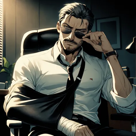 A middle-aged mafia boss patient man sitting down on the bed in the hospital at midnight, Detailed face, Captivating look, moustache, Masculine face, Muscular body, Prominent veins, wearing patient uniform, sunglass, alone, only a man, bandaged his injured...