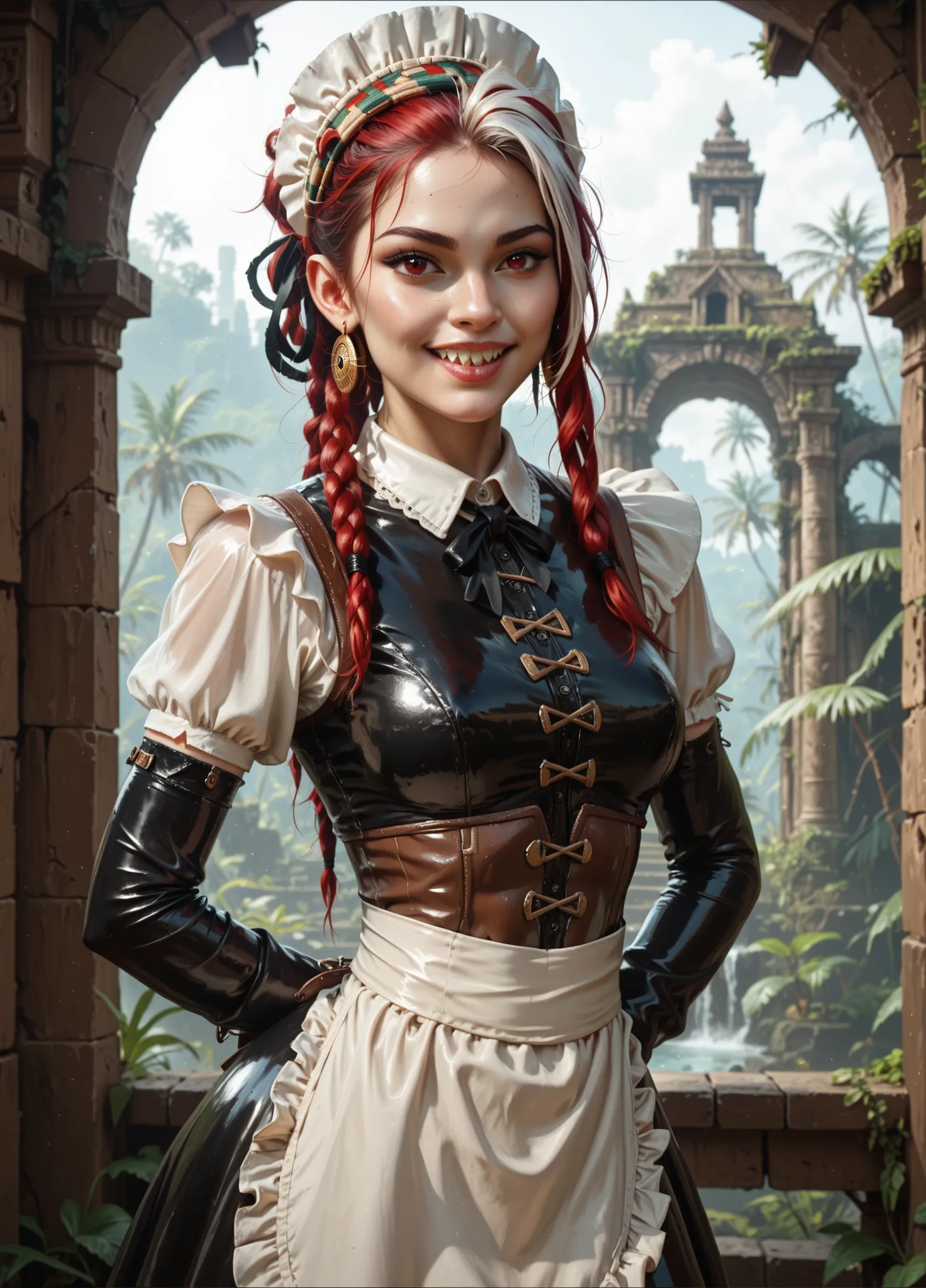 Curious expression. Slender body. Lean body-type. Marble-White skin. Cute 18-year-old Aztec and Indonesian girl with big Asian red eyes and unnaturally sharp teeth and dreadlocks (white and red hair). Intense red eyes. Sharp and shark-like teeth. She has a...